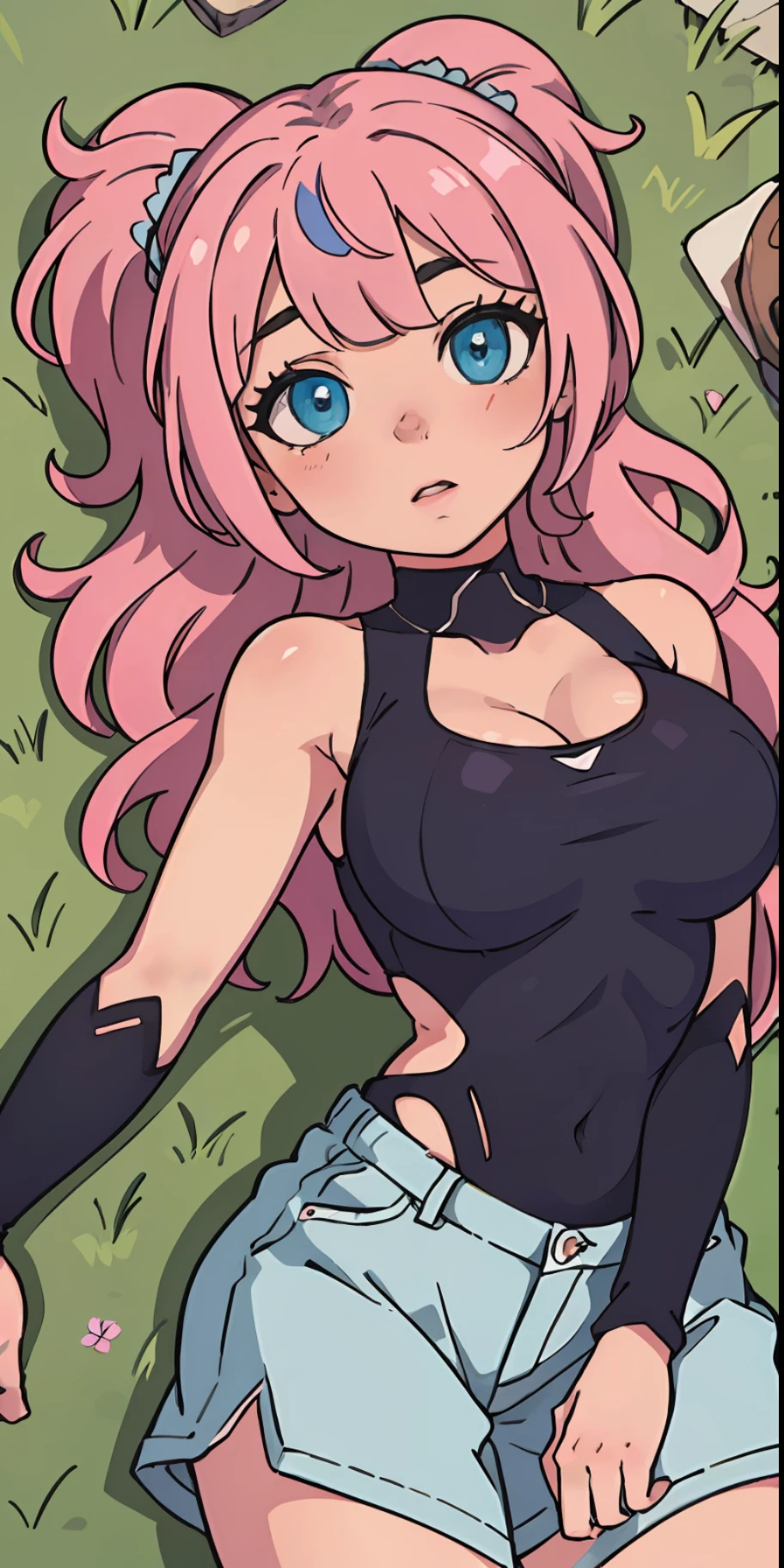 hightquality，Hi-Def，a masterpiece of，pink  hair，ponytailhair，1girl huge large breasts，Blue eyes，lovly，Slim and small，Lie on the ground，Lower body shot，Between the legs，With his legs open