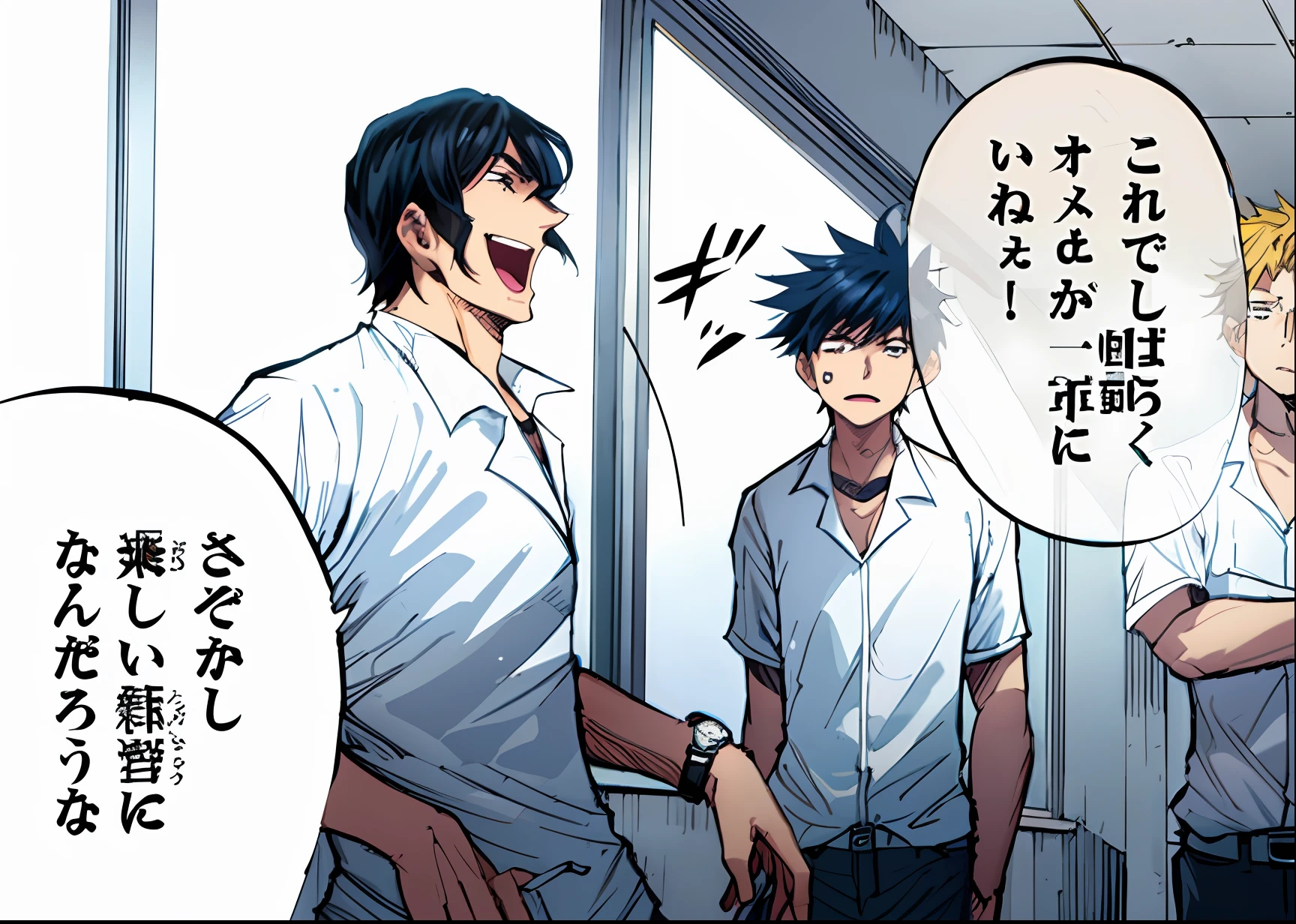anime, boys, white shirt, school, window, text bubble speech, wristwatch, color manga, manga color, color manga, color manga panel, simple background, a white background