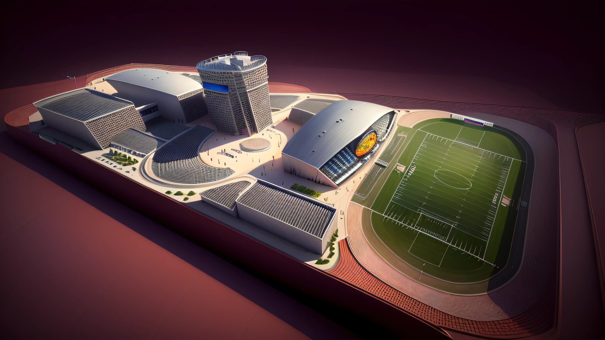 Press ControlNet1 to create an architectural rendering，Complement the fine architectural details，Renderings of the stadium complex, hyper detailed photo, HD photo effects