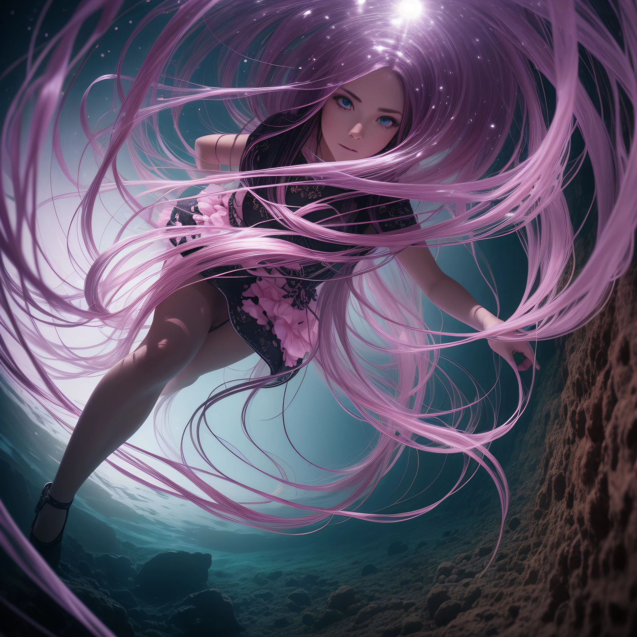 35mm, F/2.8, Incredibly hyper-detailed and intricately realistic, full body shot, A GREAT ABYSS IN THE DEPTHS, with WITH LITTLE LIGHTS COMING FROM BELOW, A WOMAN FALLS INTO THE DEPTHS, IN A BEAUTIFUL LIGHT PINK DRESS AND TRANSPARENCIES , LONG HAIR, BLACK COLOR, THE SURFACE IS LIKE A LARGE MIRROR