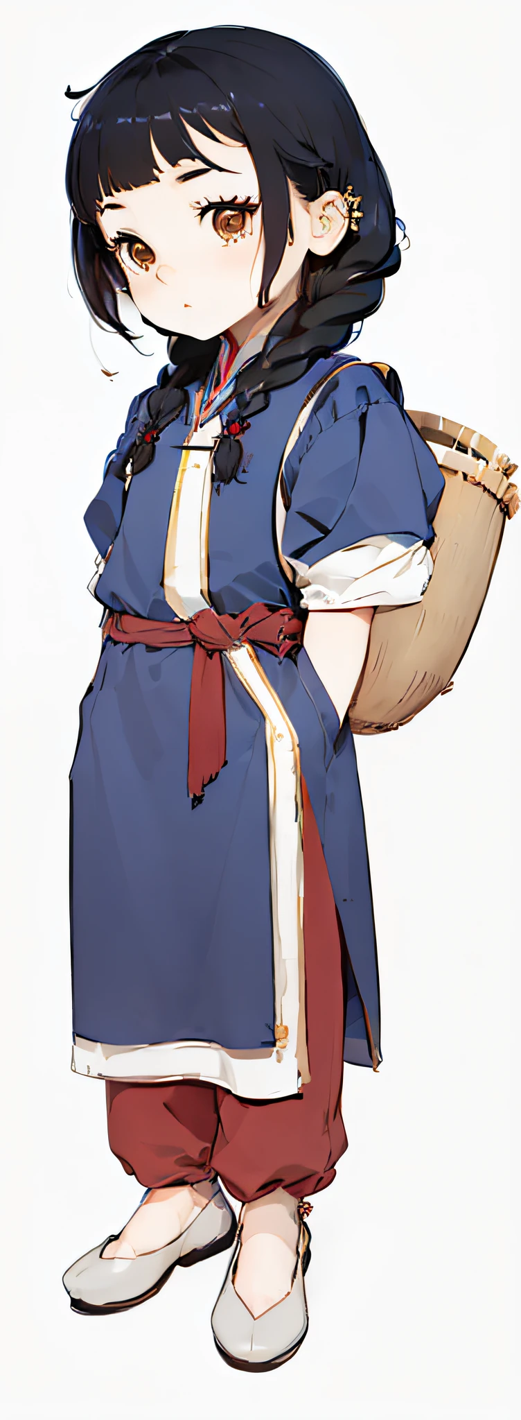 A cartoon anime character with bamboo basket picking tea,Q version of the character,Four-headed body,cloth shoes,Wearing ancient Chinese linen,Red plum in the background,full body concept, Twist braids,Full body character drawing, detailed full-body concept,Cute young girl