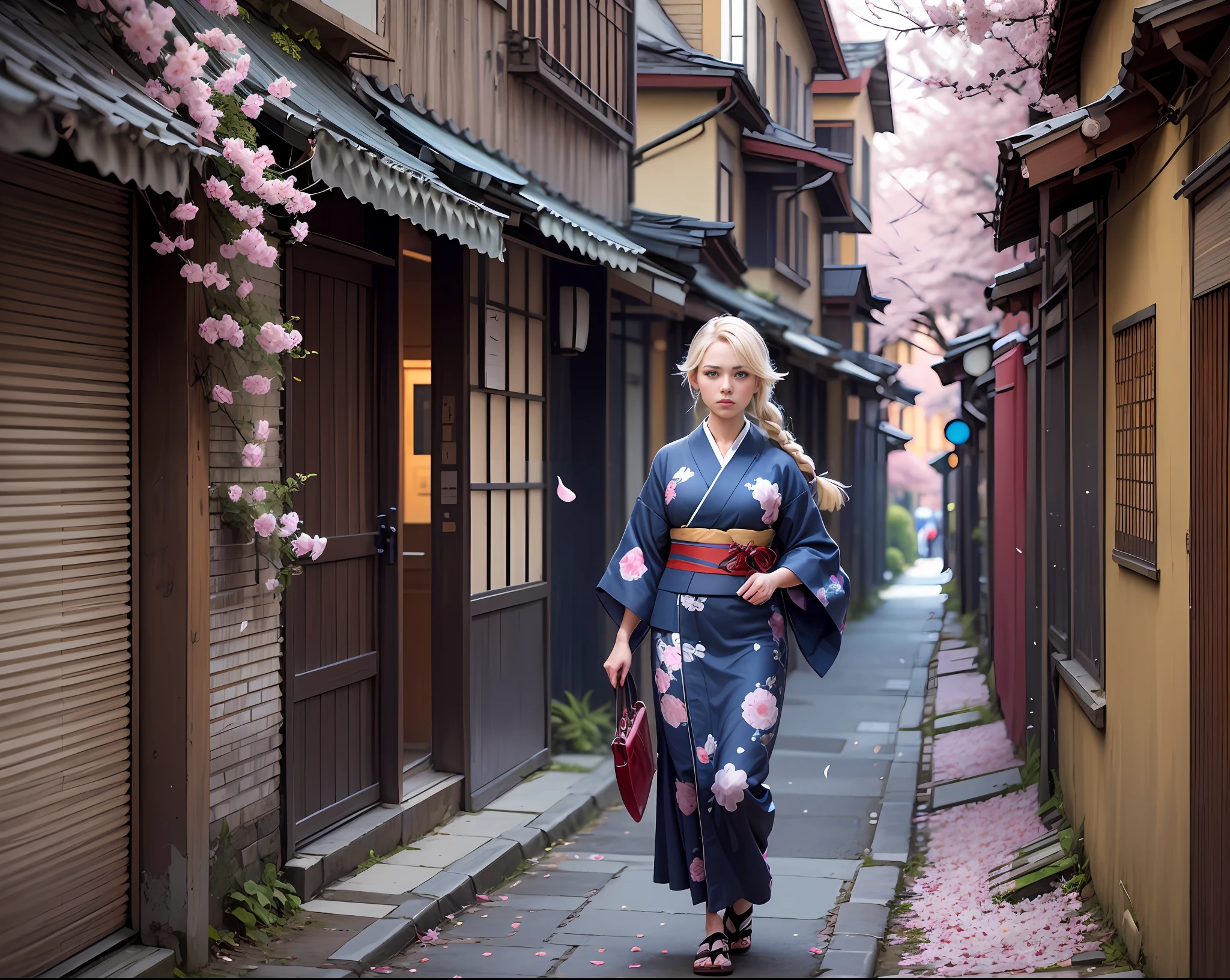 full frame, full body, in detail and in detail a European girl of extraordinary beauty with a long light blond braid of hair, 18 years old, walks along an alley with cherry blossoms and mallow bushes in a kimono and gane shoes, in detail and in detail the color of the kimono is dark blue brocade with an application in the form of inflorescences  boys, detailed dark blue gane, in detail and in detail the alley is strewn with fallen sakura petals, ultra high resolution, clear focus, super detailed, natural light, sun rays, rim light, cinematic photo tinting, William Mortensen style --auto --s2