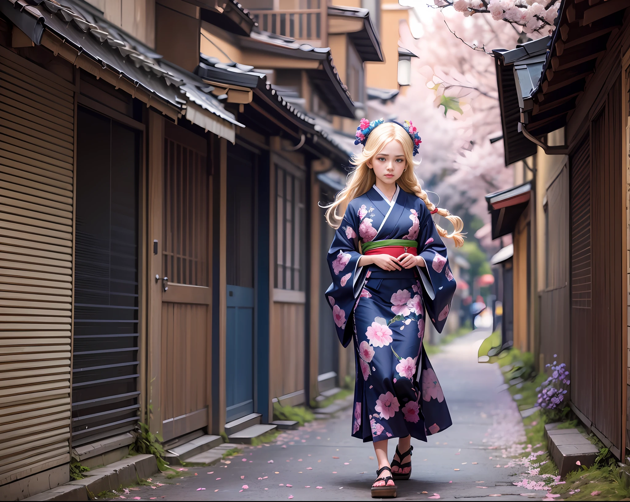 full frame, full body, in detail and in detail a European girl of extraordinary beauty with a long light blond braid of hair, 18 years old, walks along an alley with cherry blossoms and mallow bushes in a kimono and gane shoes, in detail and in detail the color of the kimono is dark blue brocade with an application in the form of inflorescences boys, detailed dark blue gane, in detail and in detail the alley is strewn with fallen sakura petals, ultra high resolution, clear focus, super detailed, natural light, sun rays, rim light, cinematic photo tinting, William Mortensen style --auto --s2