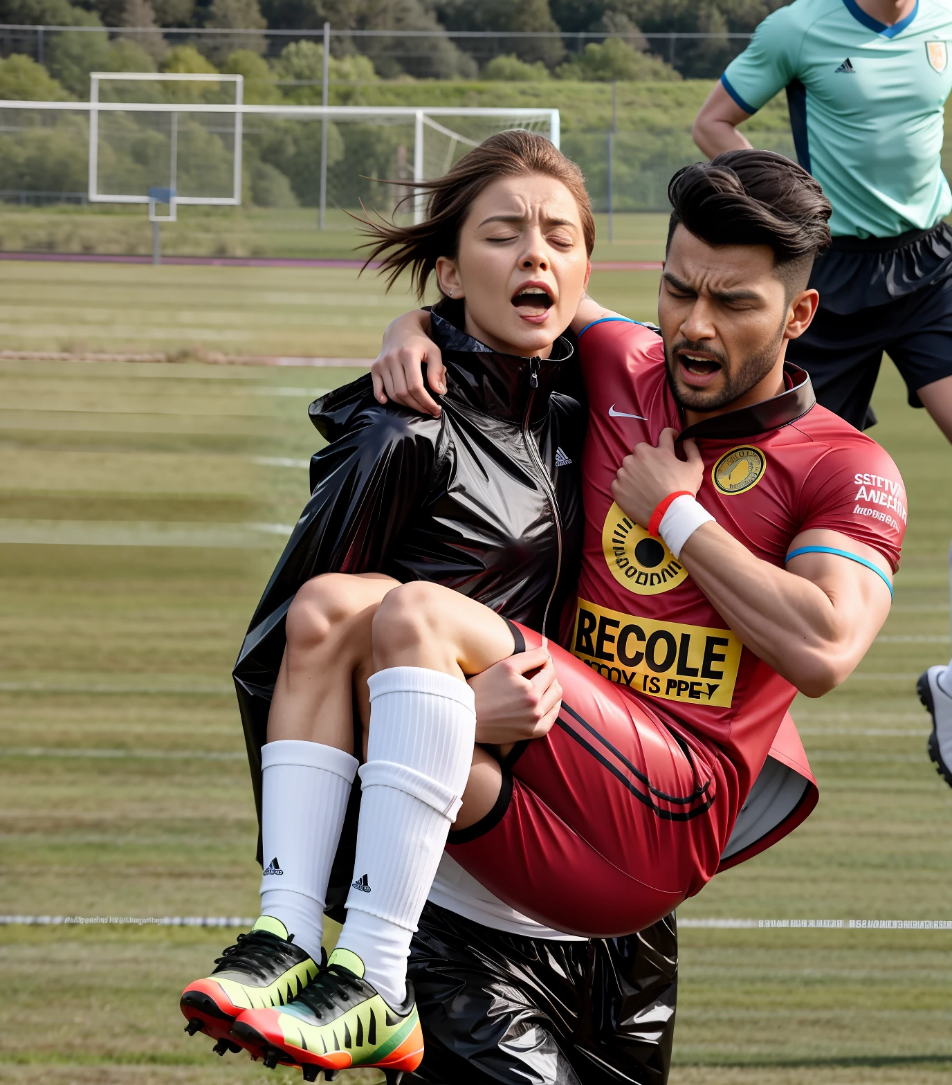 soccer action pose, affection pose, lecherous action pose, dramatic action pose, theatralic pose, there is an attractive woman that is carrying a skinny man who is wearing absolute matte red cotton sportswear, there is a beautiful woman in a shiny rubber-raincoat who is carrying in her strong glossy arms a blond man in absolute matte red cotton sportswear, a longhaired beautiful woman in a high-shine black pvc-raincoat, a longhaired woman in a shiny plastic-raincoat, a woman is carrying a shorthaired man who is wearing matte cotton shorts and a matte cotton t-shirt, a weak man in matte cotton sports shorts is consciousless and needs to be carried, a shorthaired man with closed eyes is carried in the arms of a longhaired woman, a woman looks very scared and terrified, a consciousless man with closed eyes is suffering very much and has a very painful face, photo, photo shoot, photographed , accident, help, aid, first aid, pity