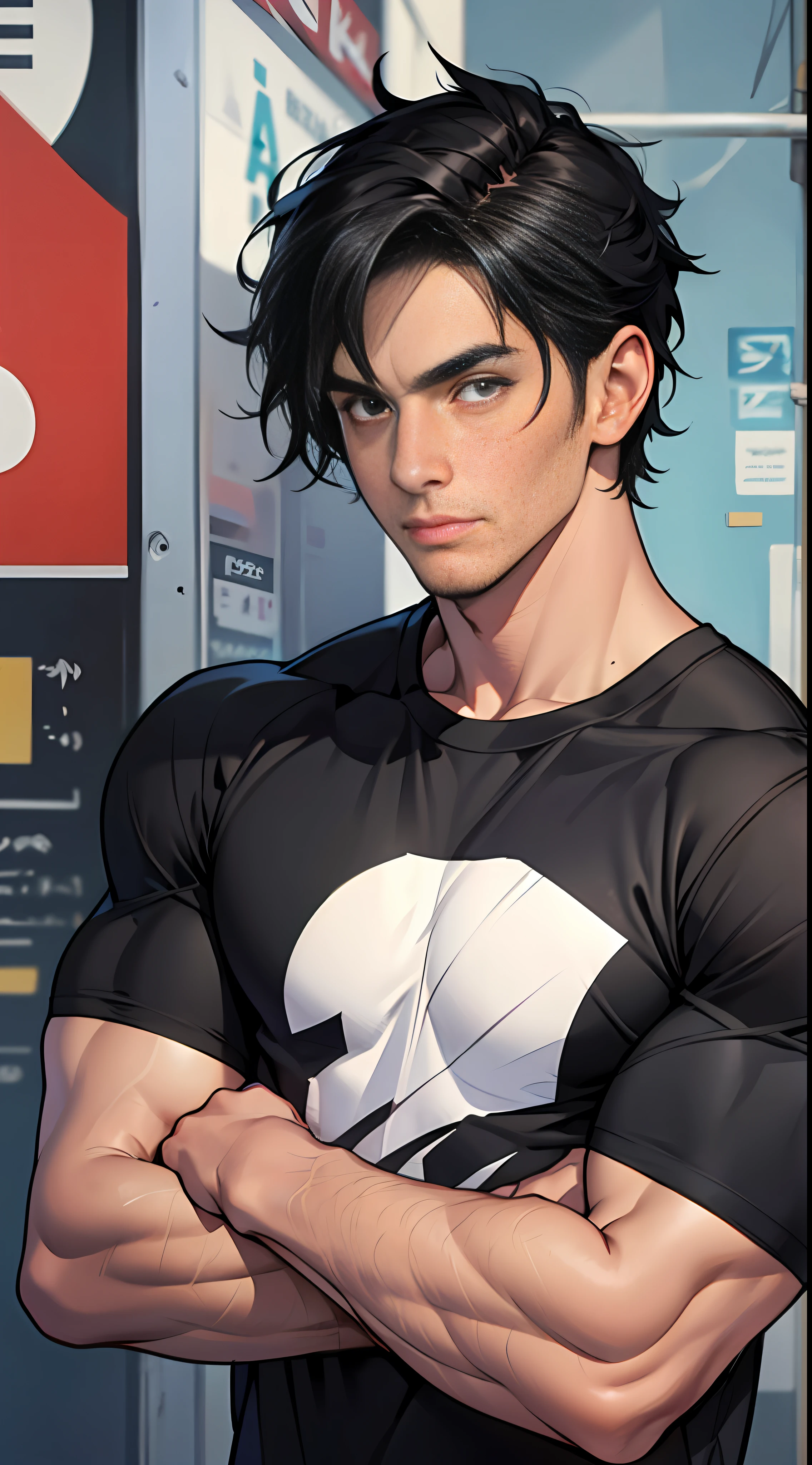 A tall, muscular man（mtu:1.2），Short black hair，Wearing a black T-shirt， 8K, Super detail, ccurate, Best quality