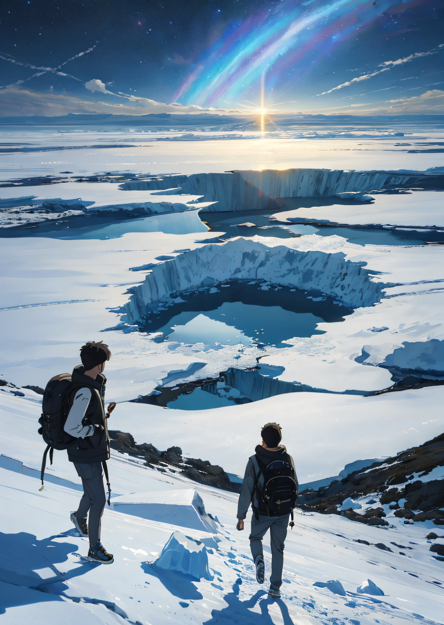 Vast Arctic skies，Large ice fields，Intense and dramatic imagery，the moving visual effects，the high-hanging Polaris，Colorful natural light。Long-sleeved coat，casual pants，A teenager carrying a backpack。