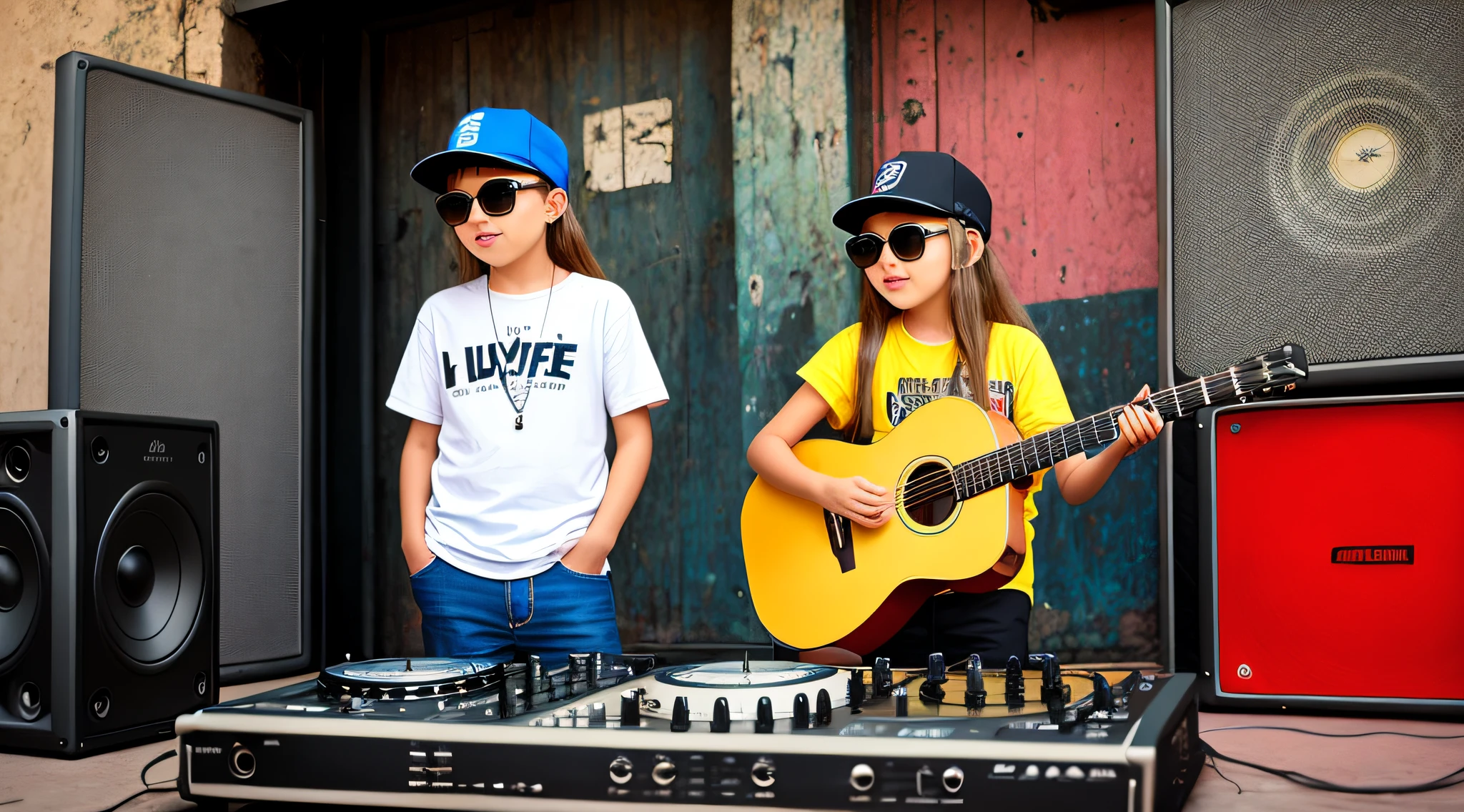 mENINA BLONDE CHILD LONG HAIR WEARING A HAT , Holding a boombox and pointing with your hand, boombox, The Music Guy, blaster do gueto, em um fundo AMARELO, playing for music, em fundo AMARELO, dj, imagem de muito baixa qualidade, red sunglasses and a guitar, big ghetto blaster, com fones de ouvido, music is life, new music, vibrating with the music