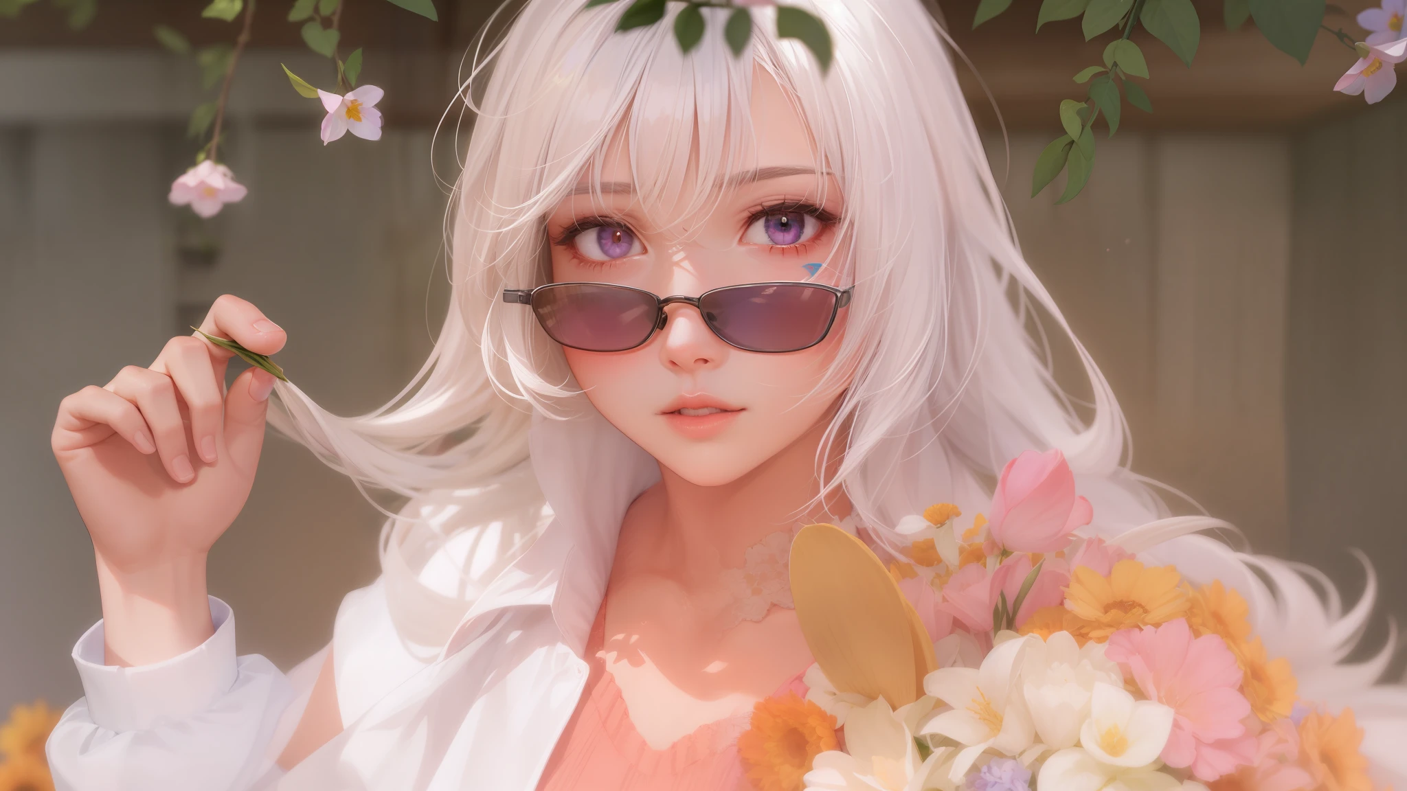 realistic, 1girl, white hair, purple eyes, glowing eyes, crop top, skirt, parted lips, blush, night, flowers, sun, sunlight,