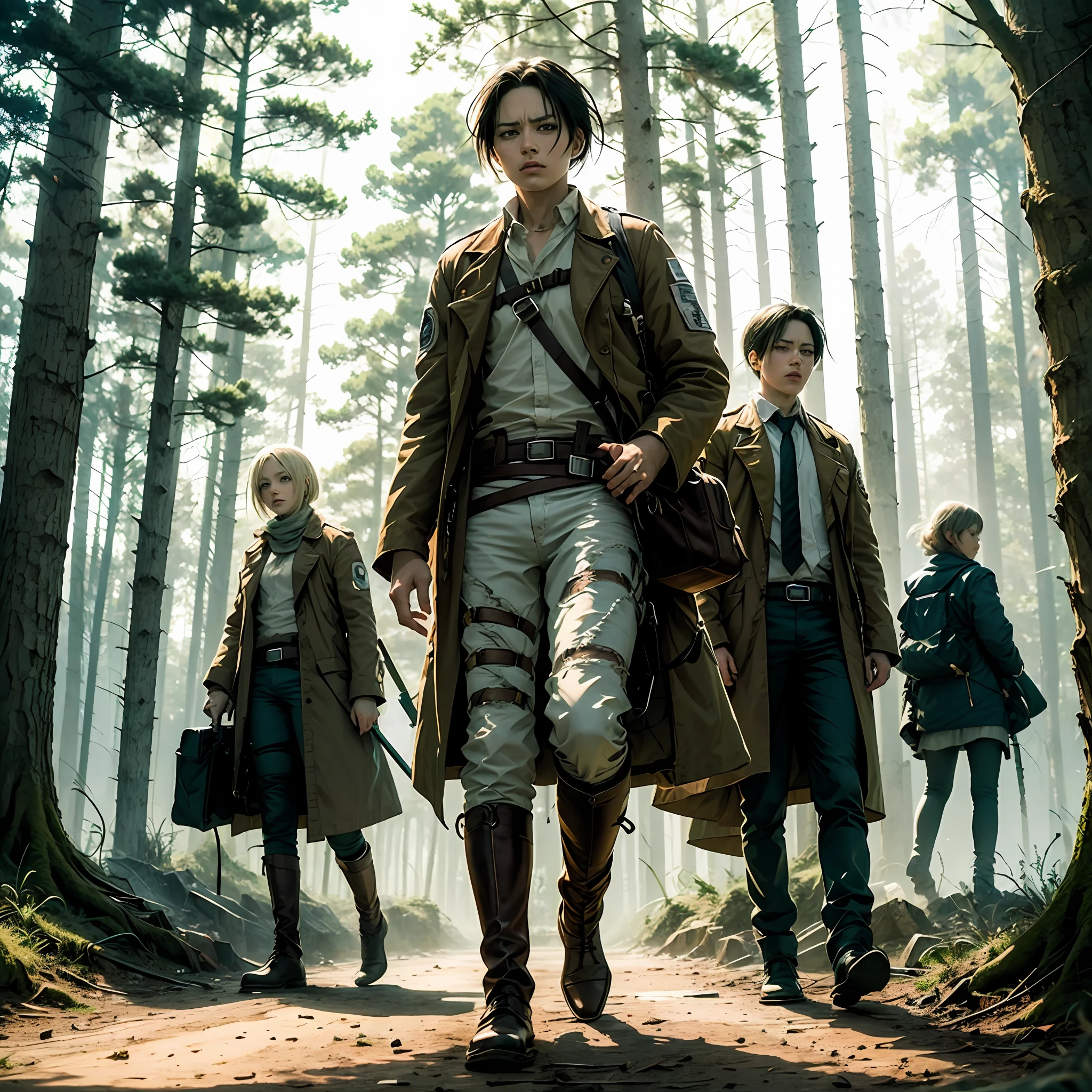 Attack on Titan anime, levi ackerman, excellent quality, levi ackerman standing with a knife in the forest, good face, levi ackerman character, masterpiece, 2d --auto