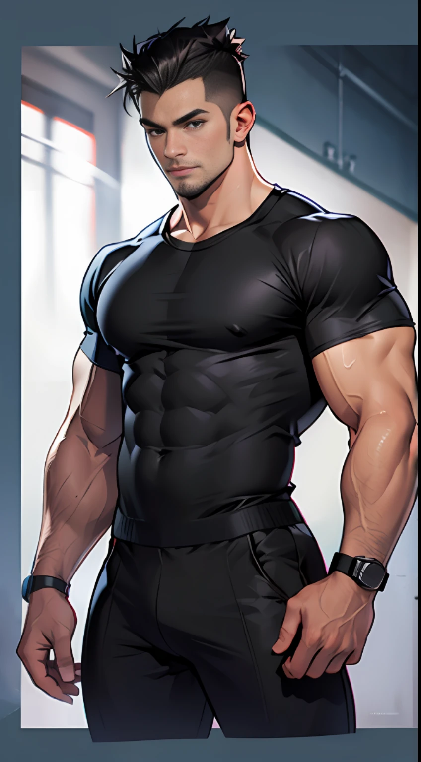A tall, muscular man（mtu:1.2），Short black hair，Wearing a black T-shirt， 8K, Super detail, ccurate, Best quality