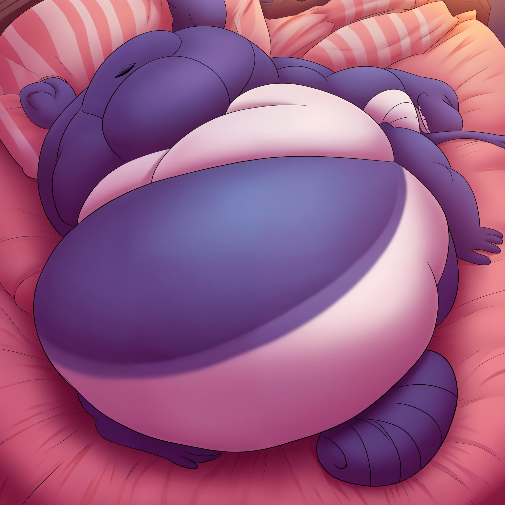 cartoon character of a fat hippo on a bed, big boss, fat hippo, happy big whale, he has a jiggly fat round belly, thicc, big whale as elden ring boss, fluffy body, insanely inflated hips, her belly is fat and round, thicc build, obese belly, sexy, seductive, massive, maid