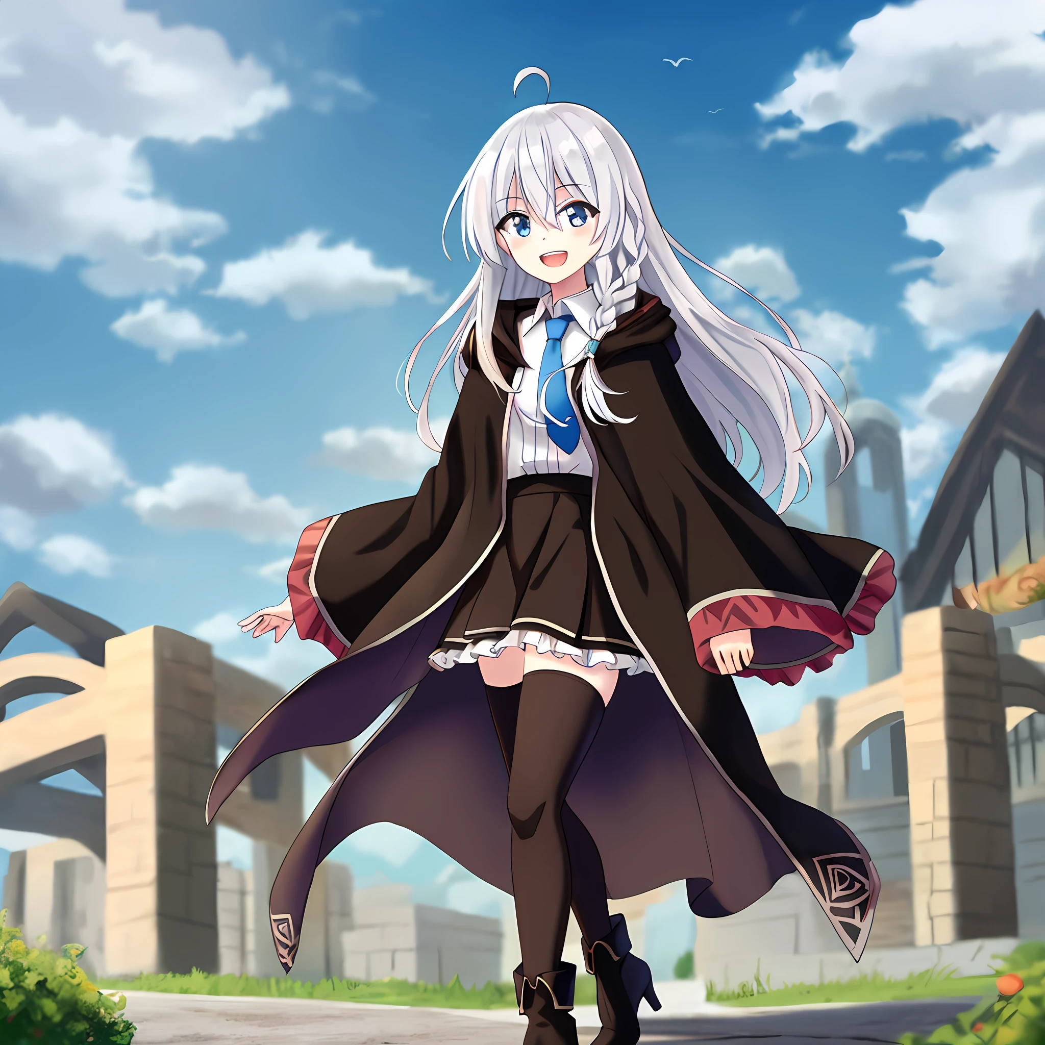 (masterpiece, best quality, highres),
elaina, solo, skirt, white legwear, shirt, smile, long hair, open mouth, sky, white shirt, thighhighs, blue necktie, looking at viewer, :d, long sleeves, boots, white thighhighs, upper teeth only, cloak, brown skirt, water drop, cloud, teeth, high heels, black footwear, frills, braid, outdoors, high-waist skirt, collared shirt, robe, black robe, open robe