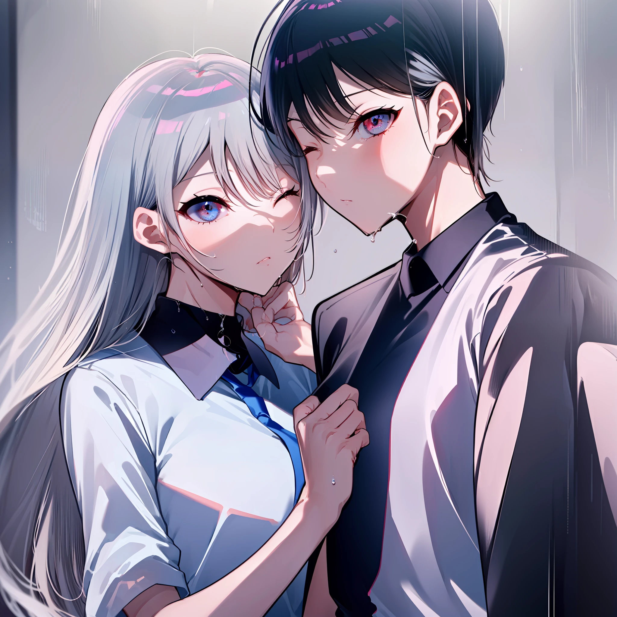 (((obra-prima))), (((melhor qualidade))), alto, ((((((1goroto with short black hair and 1girl with long gray hair are kissing)))))), ((((1girl she has gray hair with blue eyes and 1boy he has short black hair with red eyes who are classmates)))), ((((They have different hair colors and eyes do not confuse)))), (desenha Kei e kiyotaka ayanokoji olhando um para o outro), (2schoolmates who are Kei and kiyotaka ayanokoji looking at each other), (Kei1), (1Menina), (((((Ela tem olhos azuis))))), (ela tem cabelo longo), (ela usa um uniforme escolar), (ela tem fita), (ela tem franja), fcollarbone, ela tem cabelo grisalho, (ela tem faixa de cabelo preto), (she has neck tape), (cabelo entre os olhos), (She has medium breasts), (Tiroteio de Cowboy), (she is looking seriously at Kiyotaka Ayanokuji), (anatomicamente correto corpo inteiro), (is standing in the street with rain falling), (esta com uma cara triste e preocupada), (Full detailed scenario), (1menino), (Kiyotaka Ayanokuji), (adolescente de 15 anos), school uniform white shirt black jacket open jacket red tie long black pants seated, ((((ele tem olhos vermelhos)))), ((ele tem cabelo preto curto)), corpo inteiro anatomicamente correto, pernas normais, usa sapatos pretos, (ele esta olhando para Kei1 ou para a garota), ((He's in front of Kei wanting to give her a kiss with his eyes closed)) , (it's head on for Kei), (Cena emocionante), (misterioso), (Full scenario), ((((They're soaking up with a lot of passion and abrasion)))), ((((They are being wet by the rain along with their clothes)))), ((Their bodies are anatomically correct and detailed without errors))