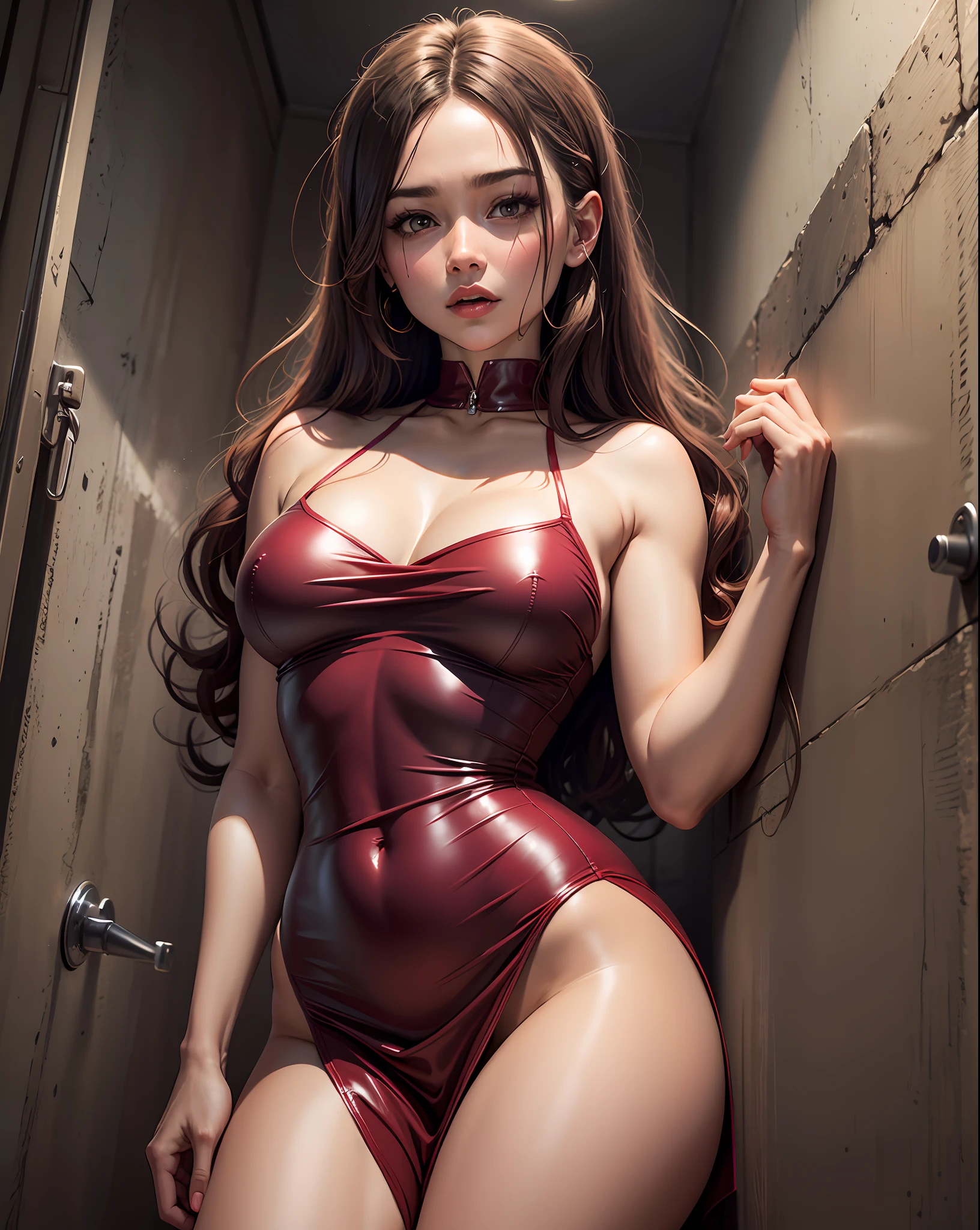 mulher de pele morena em um vestido vermelho posando para uma foto, vestido vermelho sexy, usando vestido vermelho, vestido sexy, usando um vestido vermelho, peitos grandes e volumosos, vestido vermelho, usa um vestido vermelho, vermelho quente, em um vestido vermelho, vestido skintight, vestido justo, vestido decotado, terno de corpo vermelho, Succubus em vestido curto apertado, sexy, em um trem abandonado a noite, apocalipse zumbi, terror, dark efeito. night ligthning. Filme de Hollywood