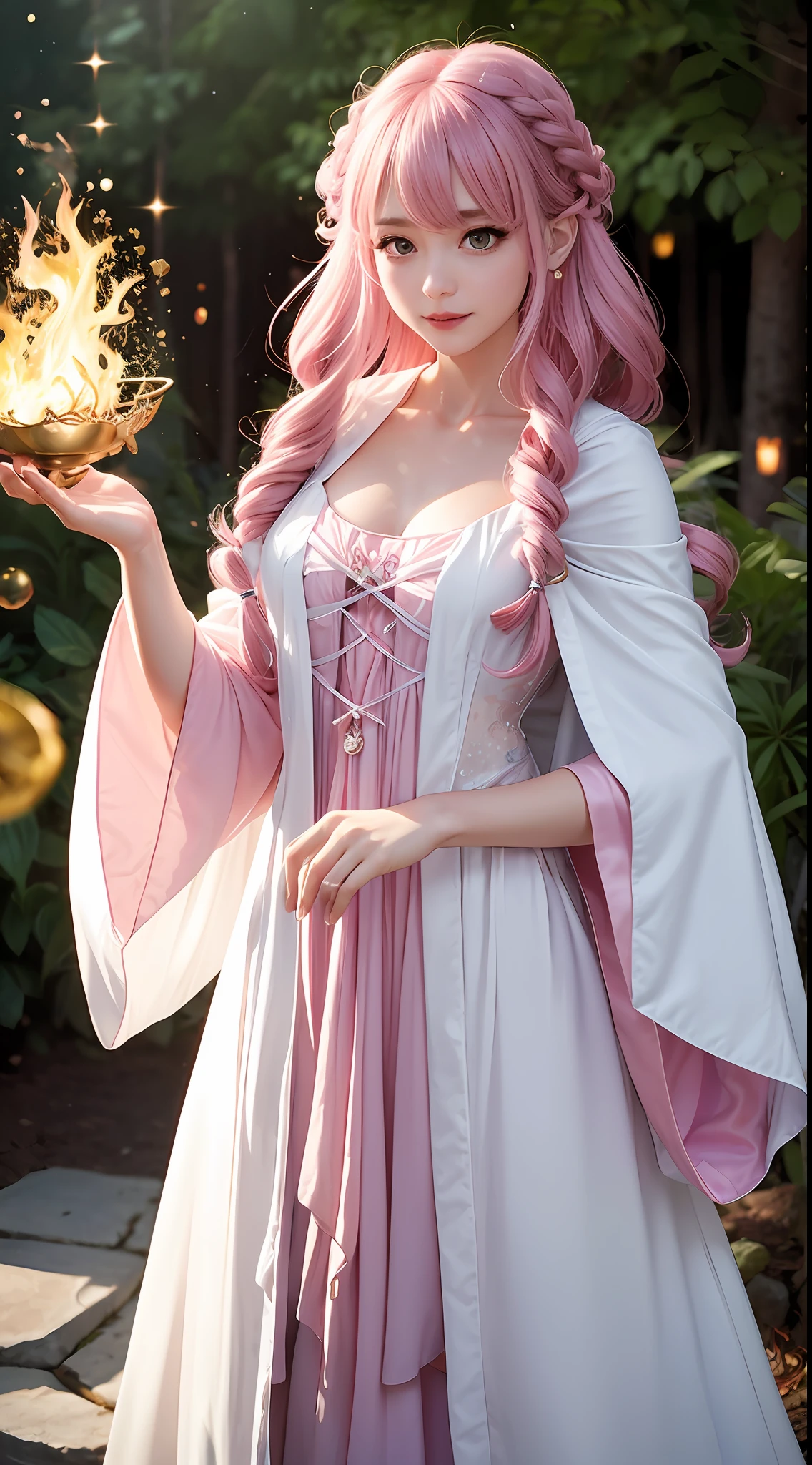 ((1girly))、a sorceress、Light magic、Wearing a white robe made of light、magical forest、A flowing、(((firey))magie)、Tight magician's clothes、Magic clothes、(((Flowing hairstyle)))、(((radiant eyes)))、Wearing a cloak、((bokeh dof))、depth of ﬁeld、depth of ﬁeld、shorth hair、Nice hairstyle、