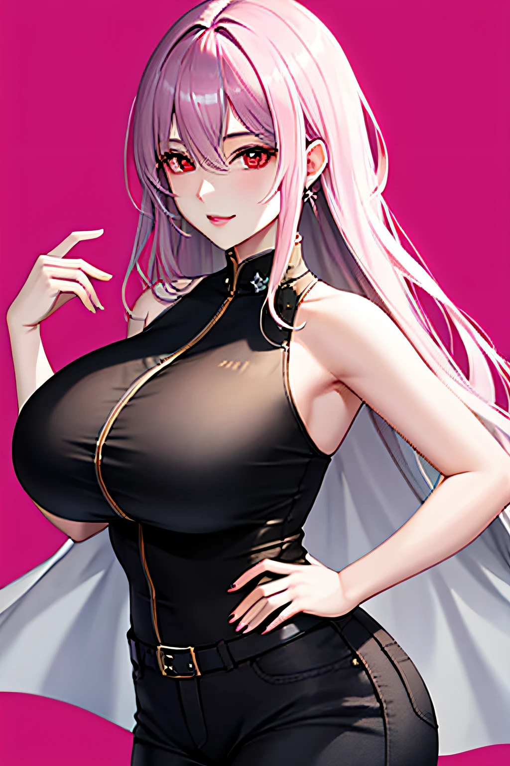 1girl huge large breasts， By bangs， exposed bare shoulders， Black pantsuit， udder， Breasts squeezed together， Pink background， hair between eye，， length hair， looking looking at viewer， trouser， Parting lips， red eyes， lifiting shirt， simple backgound， Sleeveless， Sleeveless shirt， 独奏， highneck sweater， V 臂， gray hairs， realisticlying， （shiny skins），（a masterpiece of：1.4），（Best Quority：1.4）