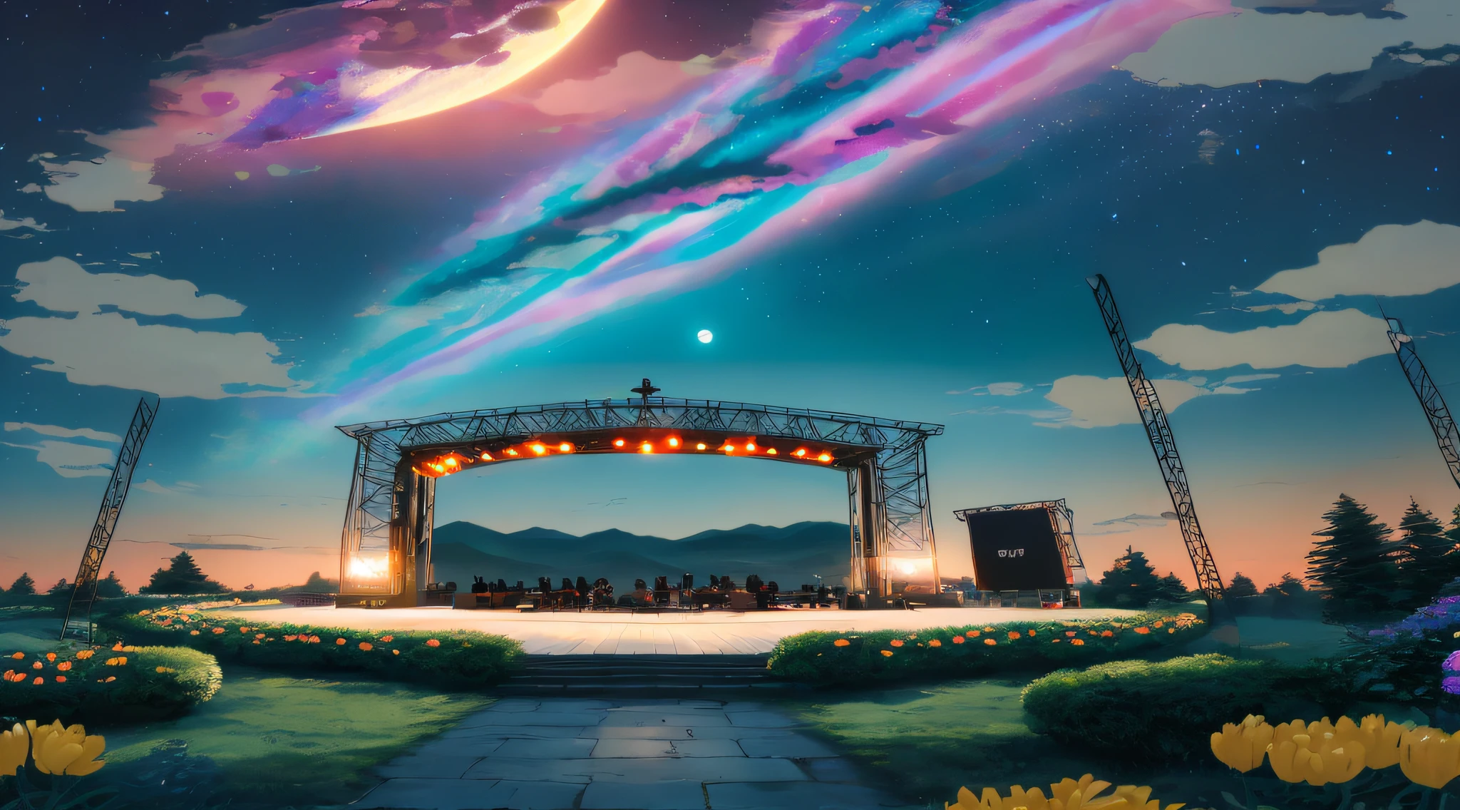 16:9,Summer Park,nights,lot of flowers,Cartoon style,large moon、A sky full of stars,Exquisite graphics,16k,The stage glows