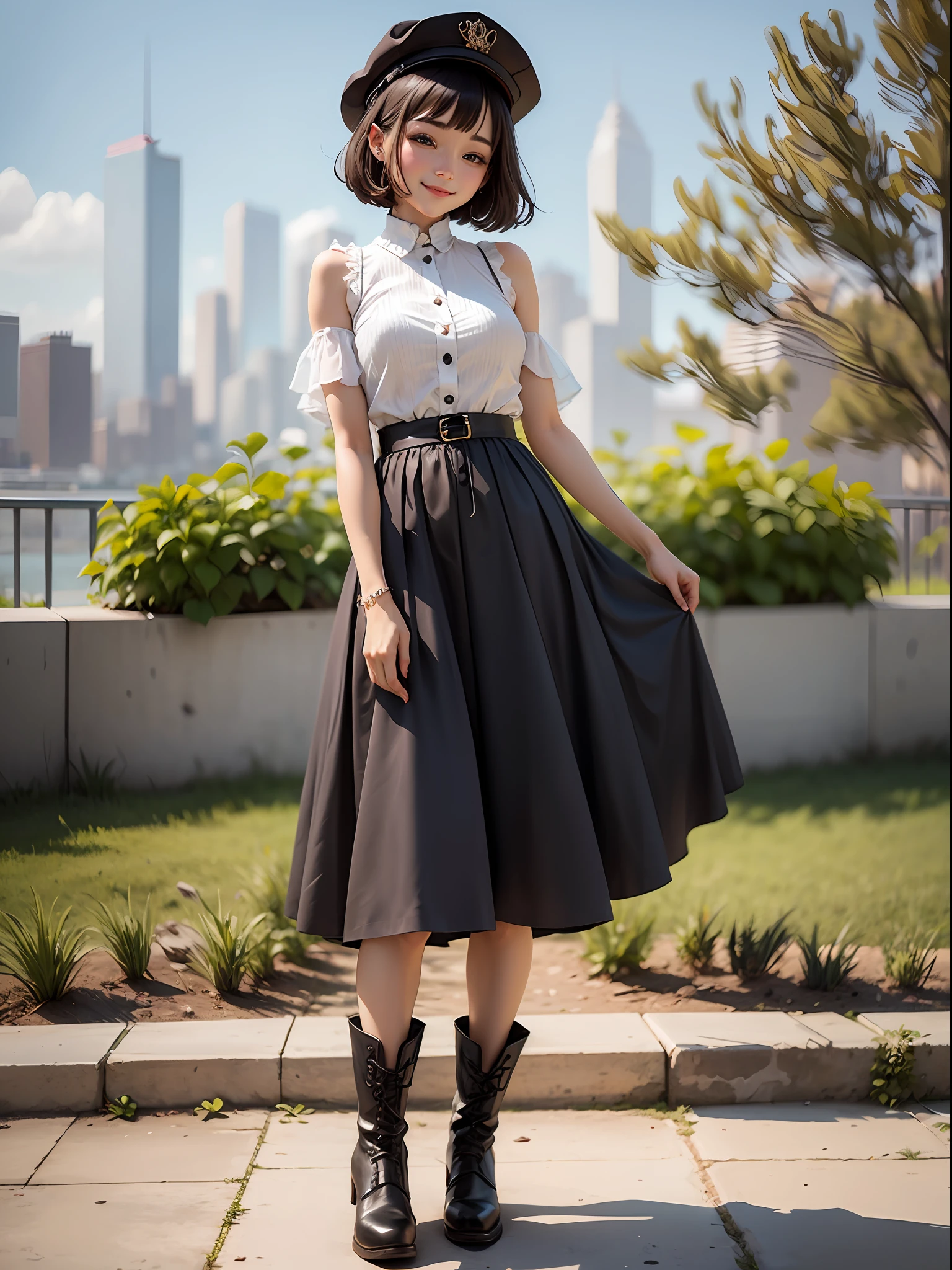 Cute,extremely delicate and beautiful girl, a smile,
Black skirt, longskirt,high waist skirt,high-necked,sleeveless,bob cuts,Hats,boots, --auto