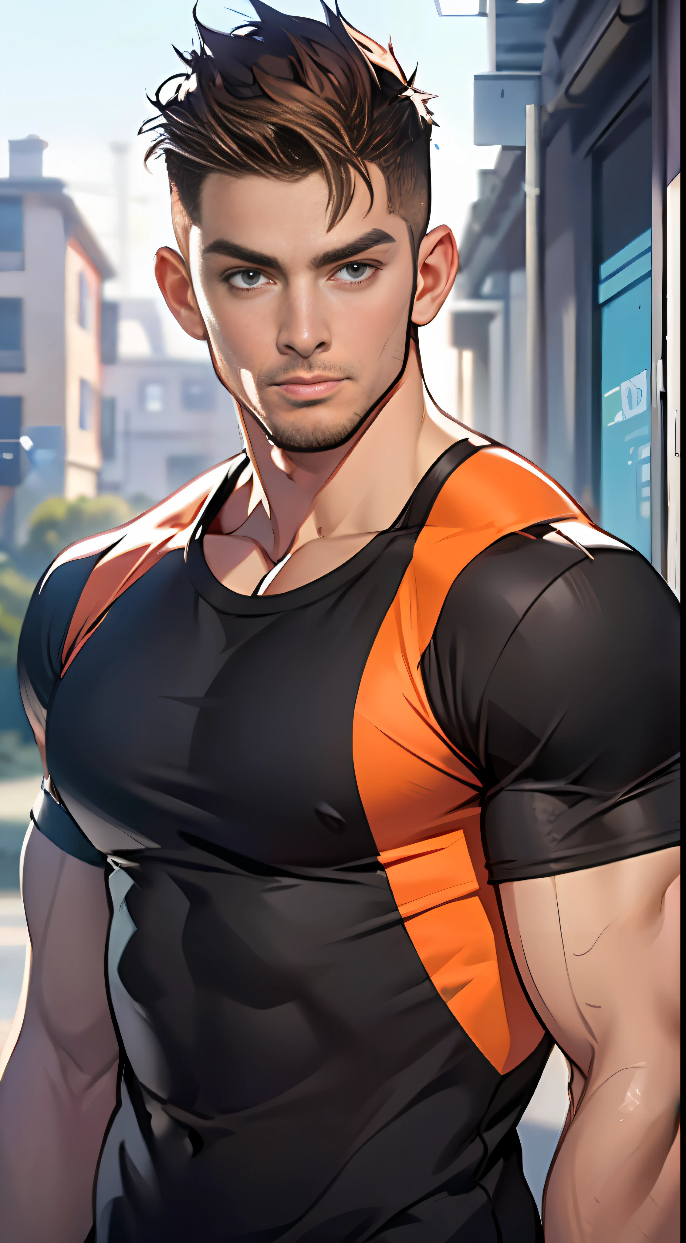 A tall, muscular man（mtu:1.2），The brunette wears a black T-shirt， 8K, Super detail, ccurate, Best quality
