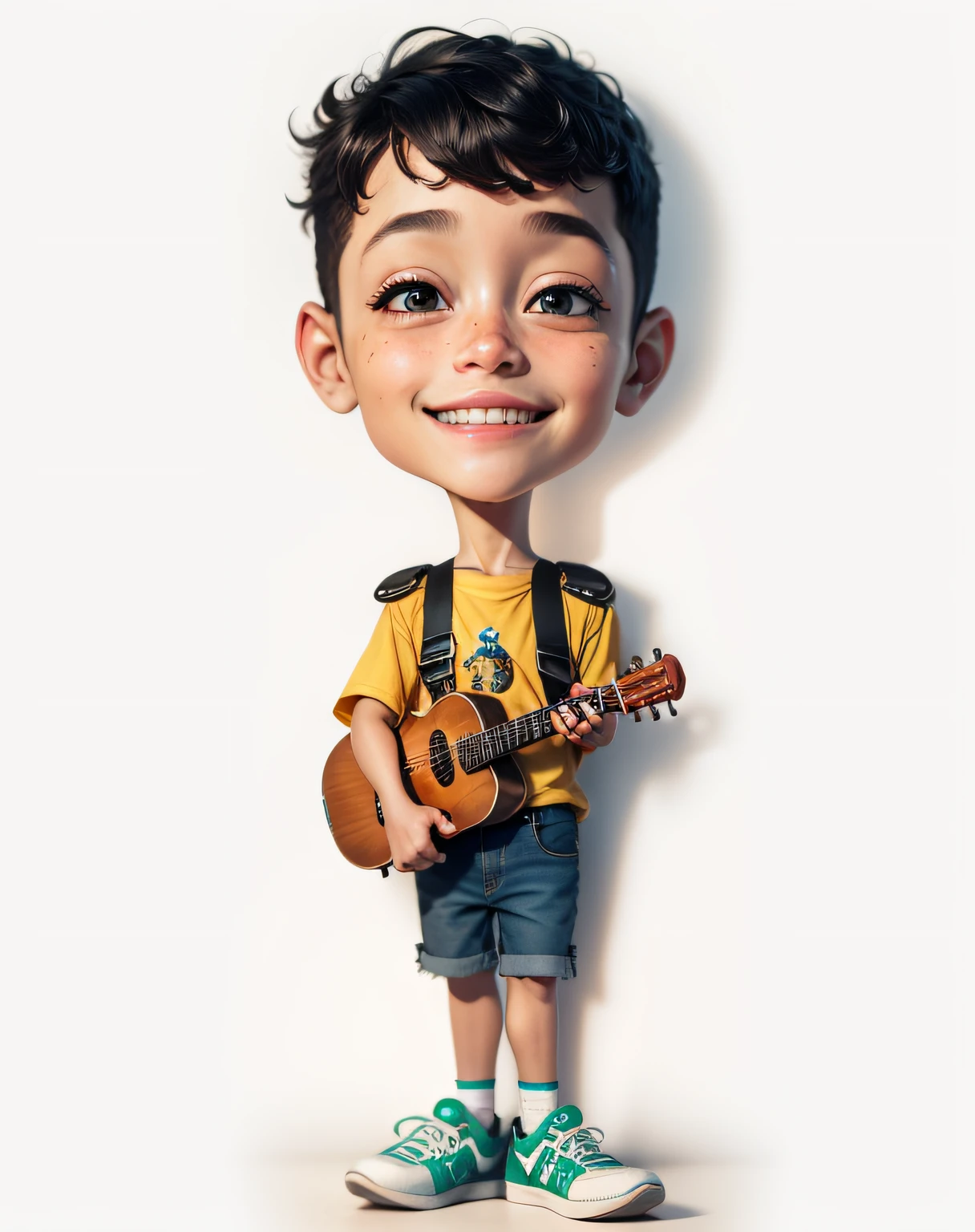 , cabelo preto liso, olhos pequenos, olhos negros, pele clara, estilo disney, Pixar, tocando um violino, corpo inteiro, fofo, sorridente, camisa azul com desenho, Denim Jeans Pants, tenis preto, Motor irreal, circunstanciado, Ultra high definition, 8k, - -q 1 - -v 4 --auto