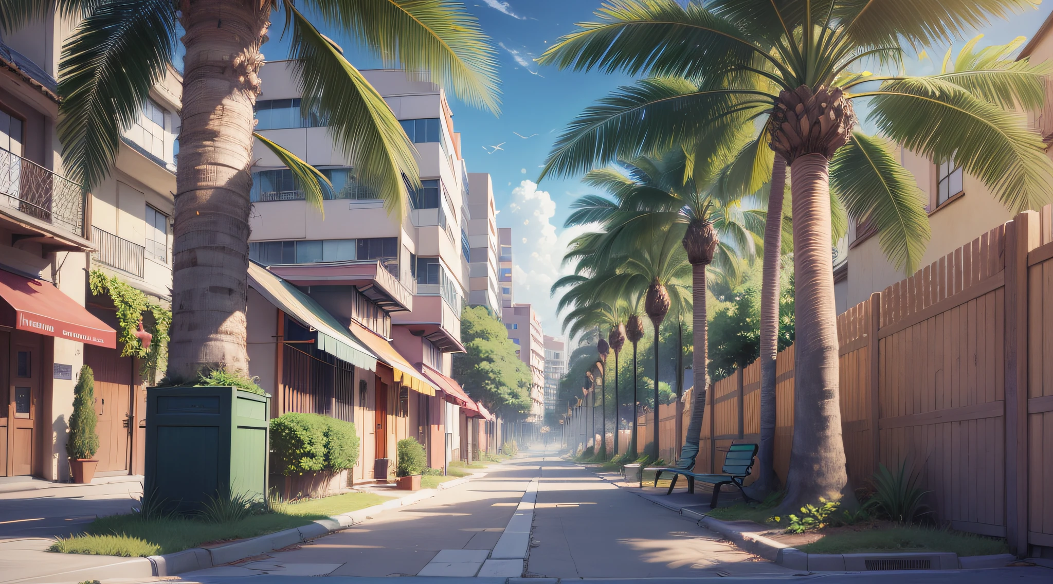 there is a painting of a street with palm trees and a bench, Fundo do anime, arte de fundo do anime, papel de parede de paisagem anime, 4 k manga wallpaper, Anime Art Wallpaper 4K, Anime Art Wallpaper 4K, Anime Art Wallpaper 8K, anime sky, Papel de parede anime 4k, 4k anime wallpapers, Anime Wallpaper 4k, 4K HD papel de parede ilustrativo