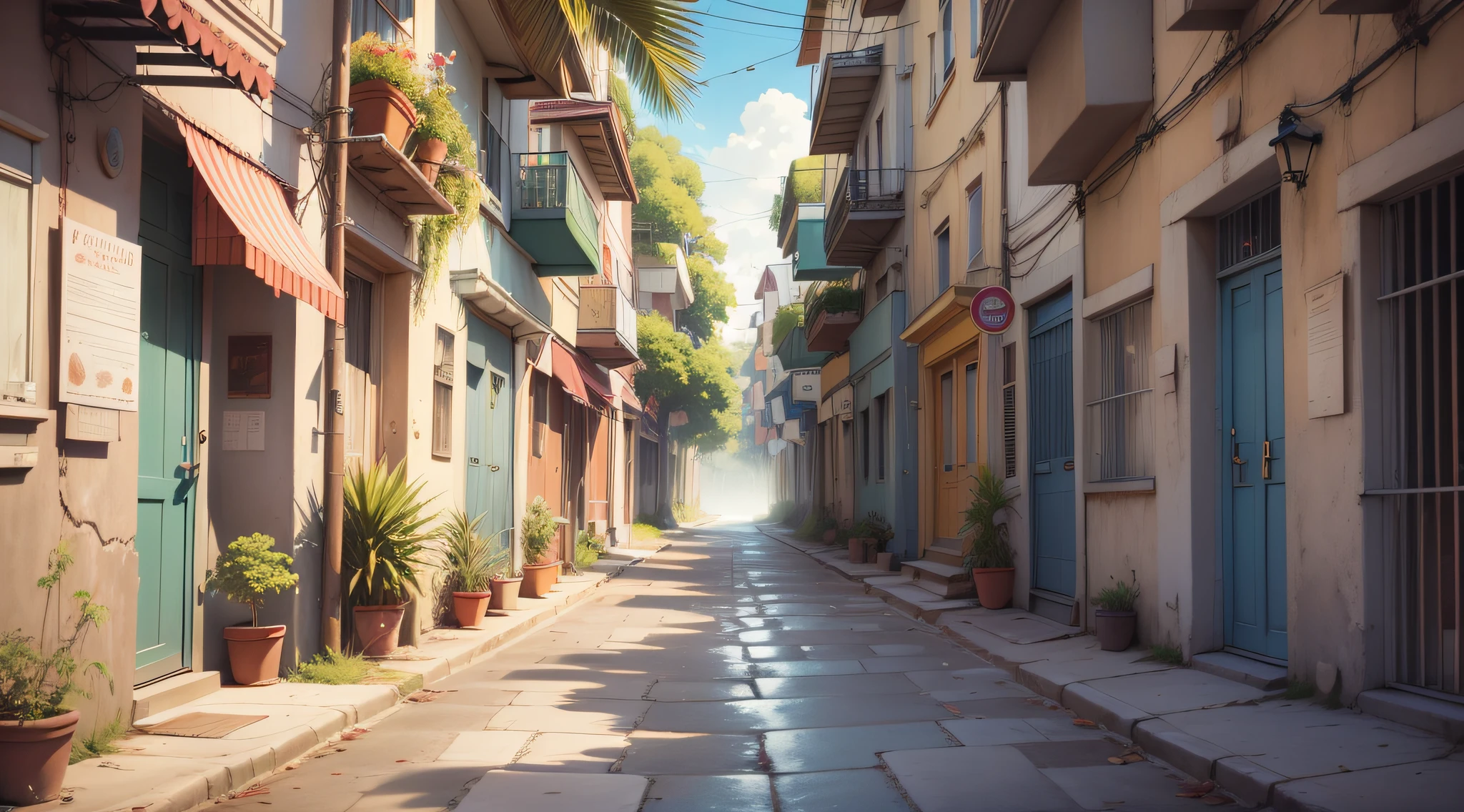 there is a painting of a street with palm trees and a bench, Fundo do anime, arte de fundo do anime, papel de parede de paisagem anime, 4 k manga wallpaper, Anime Art Wallpaper 4K, Anime Art Wallpaper 4K, Anime Art Wallpaper 8K, anime sky, Papel de parede anime 4k, 4k anime wallpapers, Anime Wallpaper 4k, 4K HD papel de parede ilustrativo