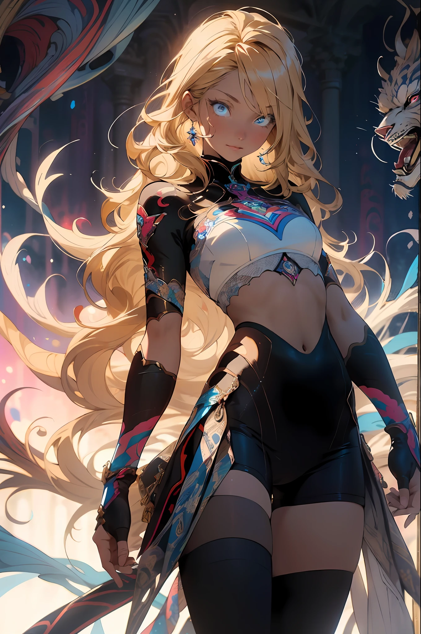Realistic, (masterpiece, top quality, best quality, official art, beauty and aesthetics: 1.2), very detailed, fractal art, colorful, most detailed, zentangle, (abstract background: 1.5) (1girl), gods, blonde hair, long hair, (glowing blue eyes), abs, mysterious, (magic), crystal, red black tights