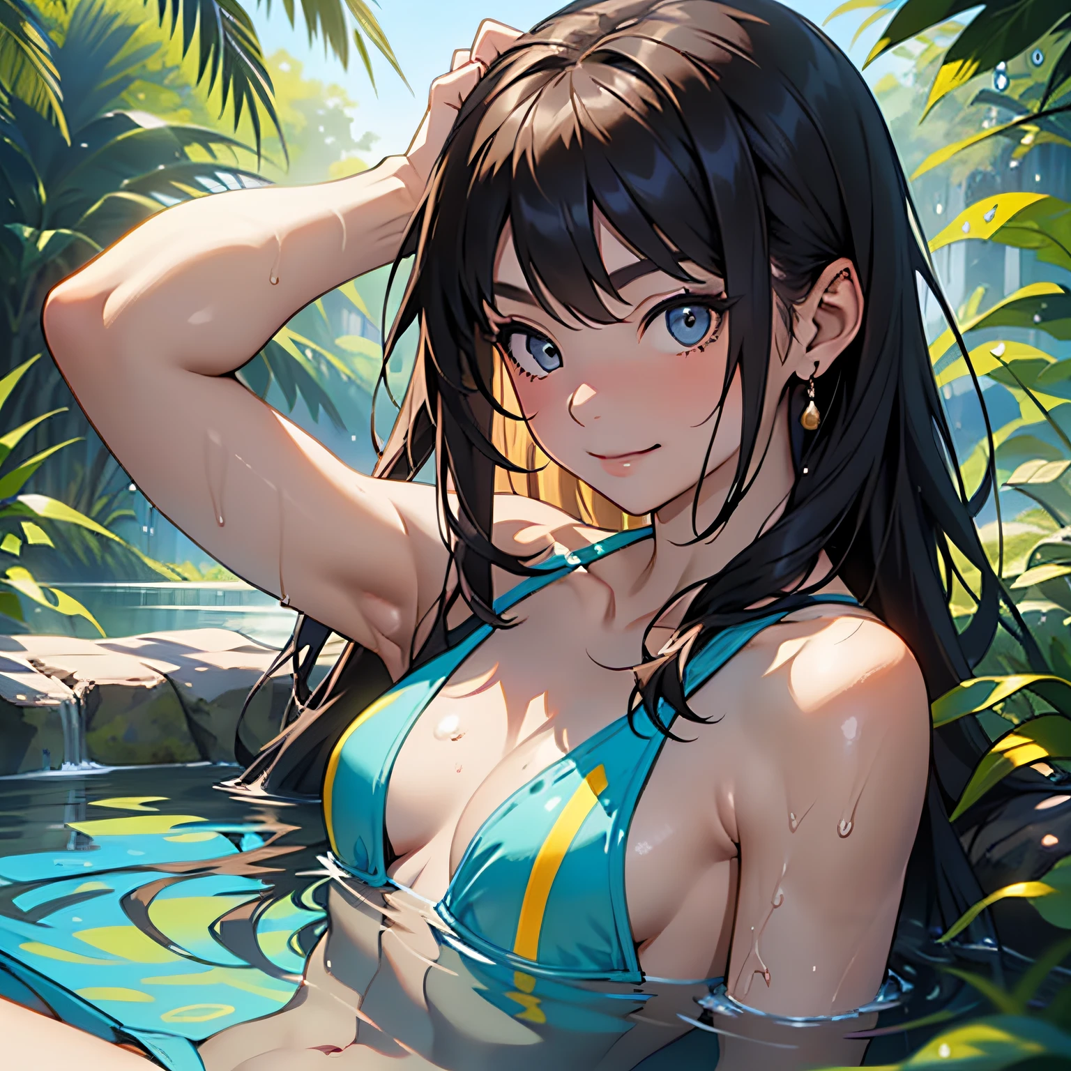 (Master masterpiece、beste-Qualit、beste-Qualit、Official art、Beautiful and aesthetic:1.2),Girl in a swimsuit, Summer, Water droplets,细致背景、Nature、Arm up、Smiles、cute-cute、Mysterious、mysterious background、chee、Shy face、small tits、A slender、
