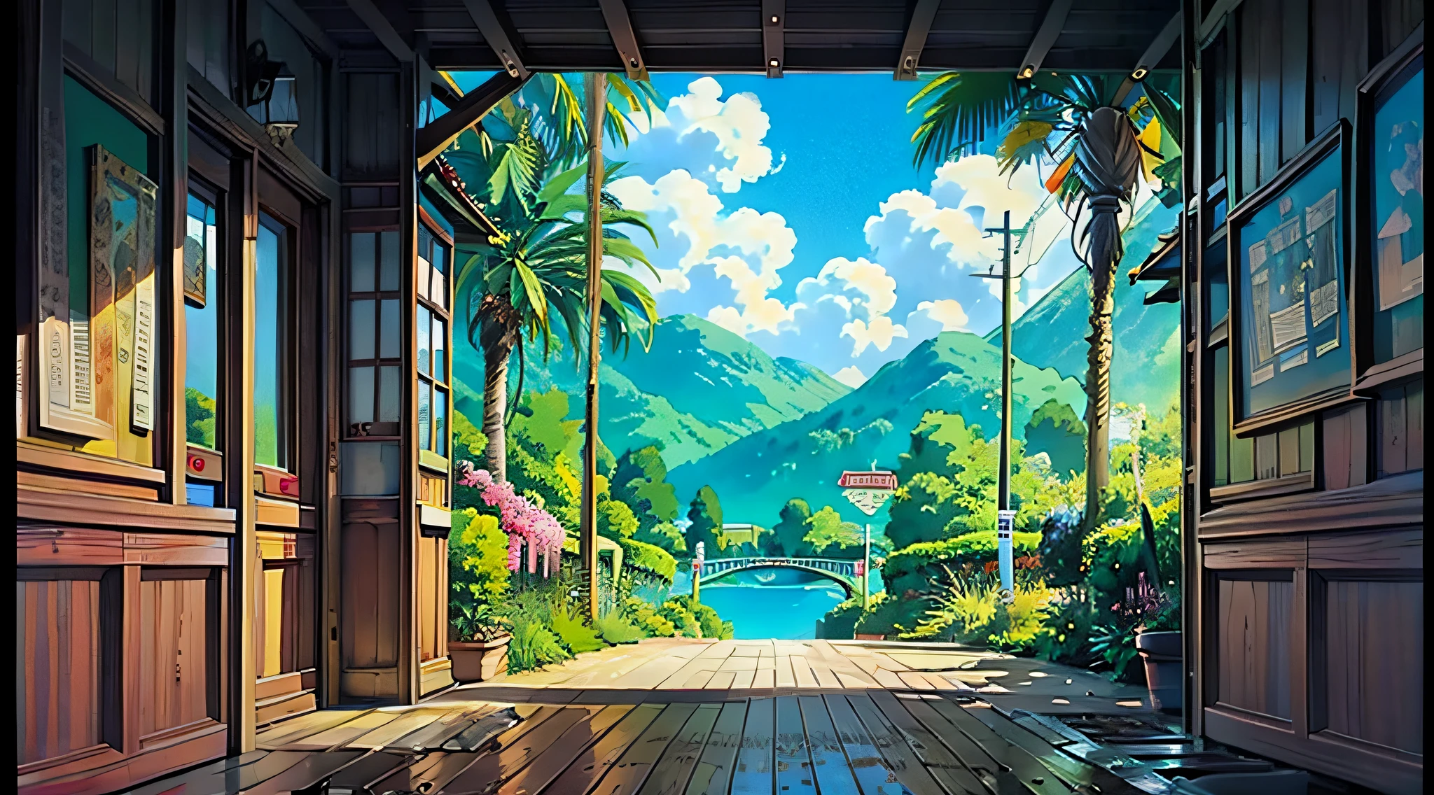 there is a painting of a street with palm trees and a bench, Fundo do anime, arte de fundo do anime, papel de parede de paisagem anime, 4 k manga wallpaper, Anime Art Wallpaper 4K, Anime Art Wallpaper 4K, Anime Art Wallpaper 8K, anime sky, Papel de parede anime 4k, 4k anime wallpapers, Anime Wallpaper 4k, 4K HD papel de parede ilustrativo