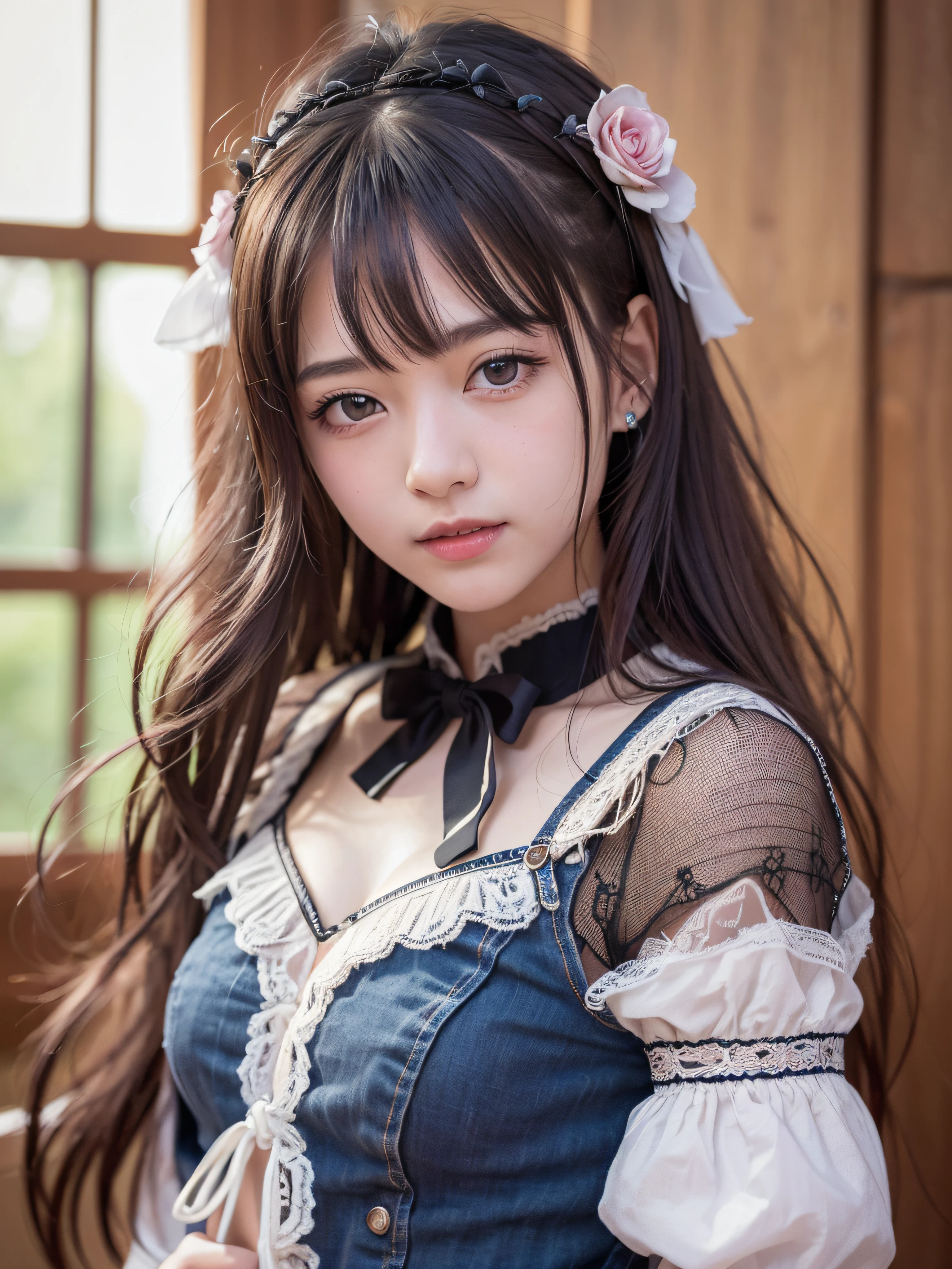 (realistic, photo realistic:1.37), incredibly absurdres, (insanely detailed:1.3), 8k, (masterpiece), (best quality:1.4), (ultra high res:1.2), (raw photo:1.2), (unity 8k wallpaper), 1 nogizaka girl, utterly cute, (bishojo:1.35), (15yo:1.4), ((alice and the pirates fashion)), delicate detailed beautiful dress, hair accessory with blue rose, an exquisitely detailed and beautiful face and eyes and skin, detailed black shine hair, medium breasts, smile at the camera, cowboy shot, european castles, ultra detailed background, professional lighting
