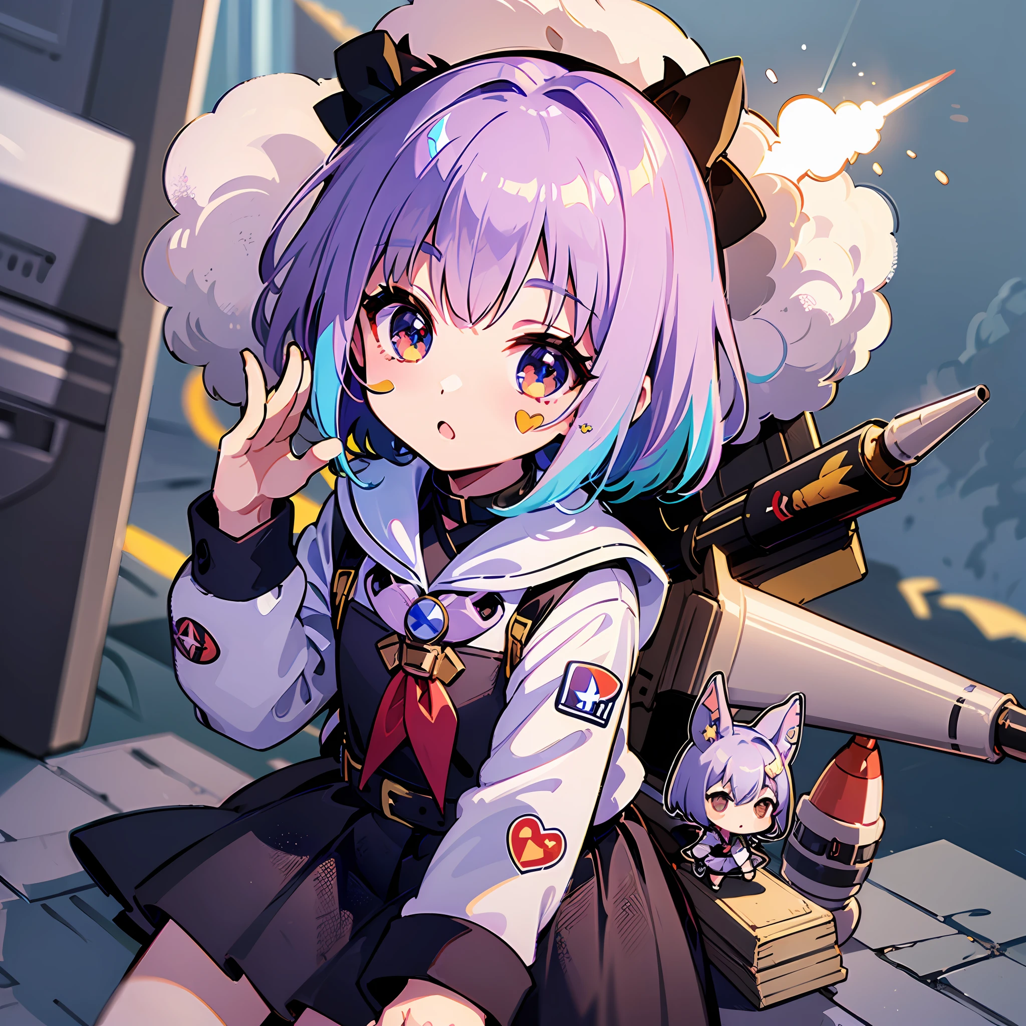 ((sticker:1.5)))、((Chibi Chara))、(((saluting)))、(((rocket launcher)))、Fluffy、1girl in、saluting、Thanks、Thank you strongest、Chibi Chara、fullllbody、Pastel colors hair、Fairy tale、Fantastical、mastaerpiece、beste-Qualit、high picture quality