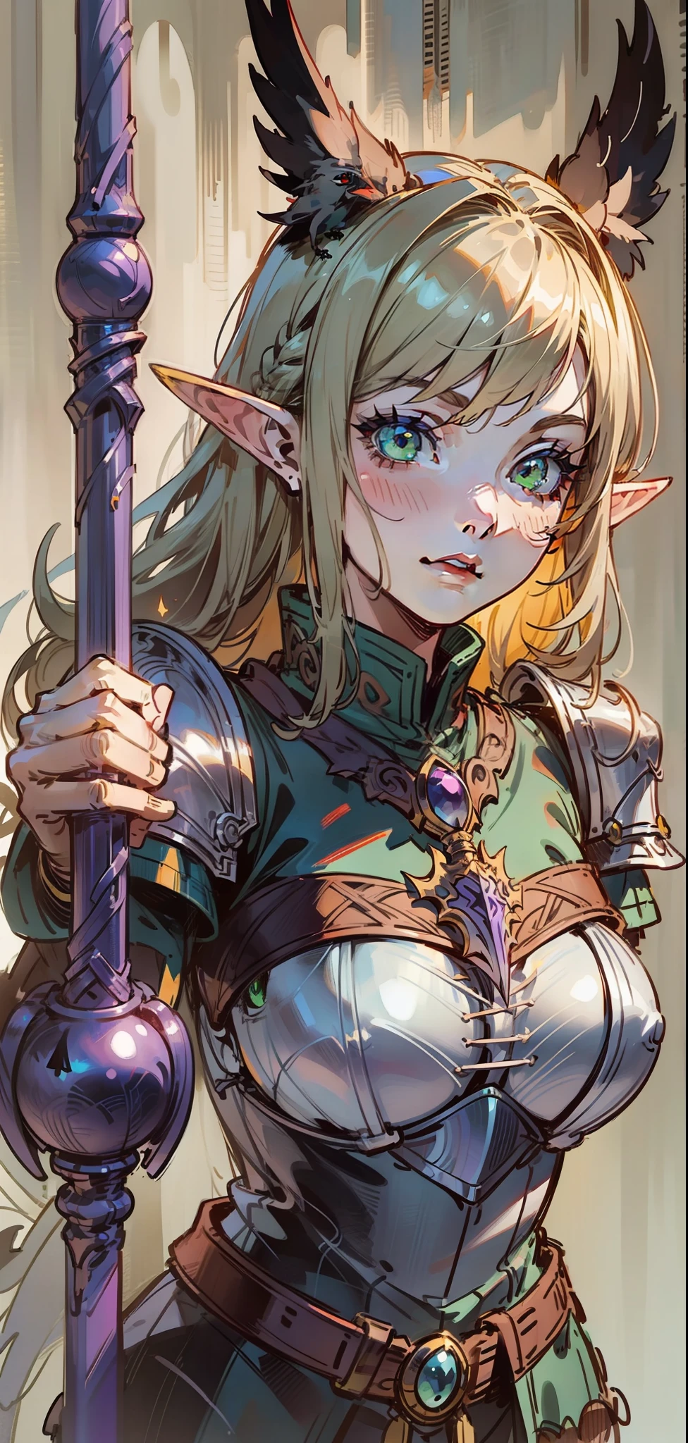 Best quality, masterpiece, ultra high res, (photorealistic:1.4), raw photo, 1girl, offshoulder, in the dark, deep shadow, low key, cold light, green eyes, elf ears, very long hair, bangs, leather fantasy clothes, elf girl, big bust, cute face, full body, medieval , (((full body))), silver details, medieval clothes, detailed face, boots, (((magic staff))), beltt, bracelets, (((shoulder armor))), elegant, (((furr))), (((crow))), braided hair, silver ornaments, (((perfect face))), blonde hair, dungeons and dragons