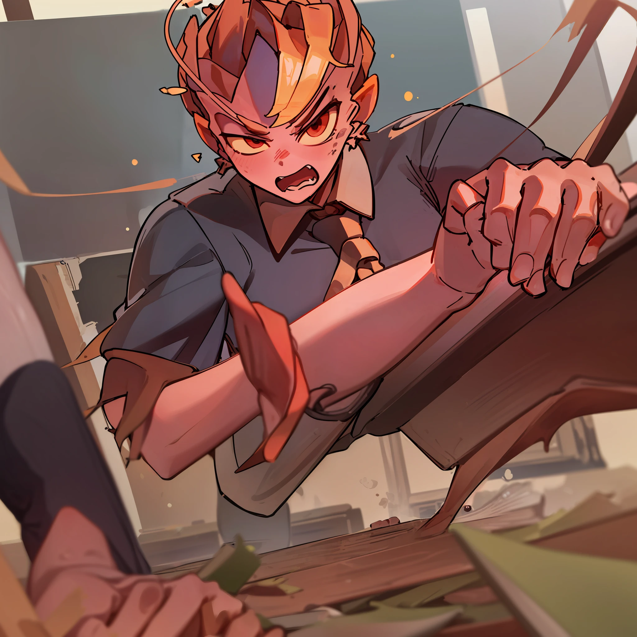 There are many students in the classroom,A schoolboy is losing his temper,Throw all the books on the ground,Flipped over the table,His eyes widened angrily,Clench your hands into fists
