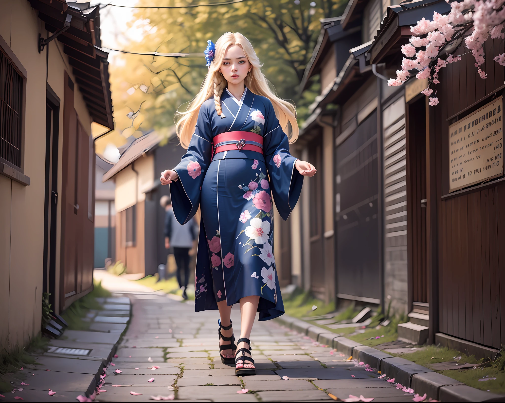 full frame, full body, in detail and in detail a European girl of extraordinary beauty with a long light blond braid of hair, 18 years old, walks along an alley with cherry blossoms and mallow bushes in a kimono and gane shoes, in detail and in detail the color of the kimono is dark blue brocade with an application in the form of inflorescences boys, detailed dark blue gane, in detail and in detail the alley is strewn with fallen sakura petals, ultra high resolution, clear focus, super detailed, natural light, sun rays, rim light, cinematic photo tinting, William Mortensen style --auto --s2