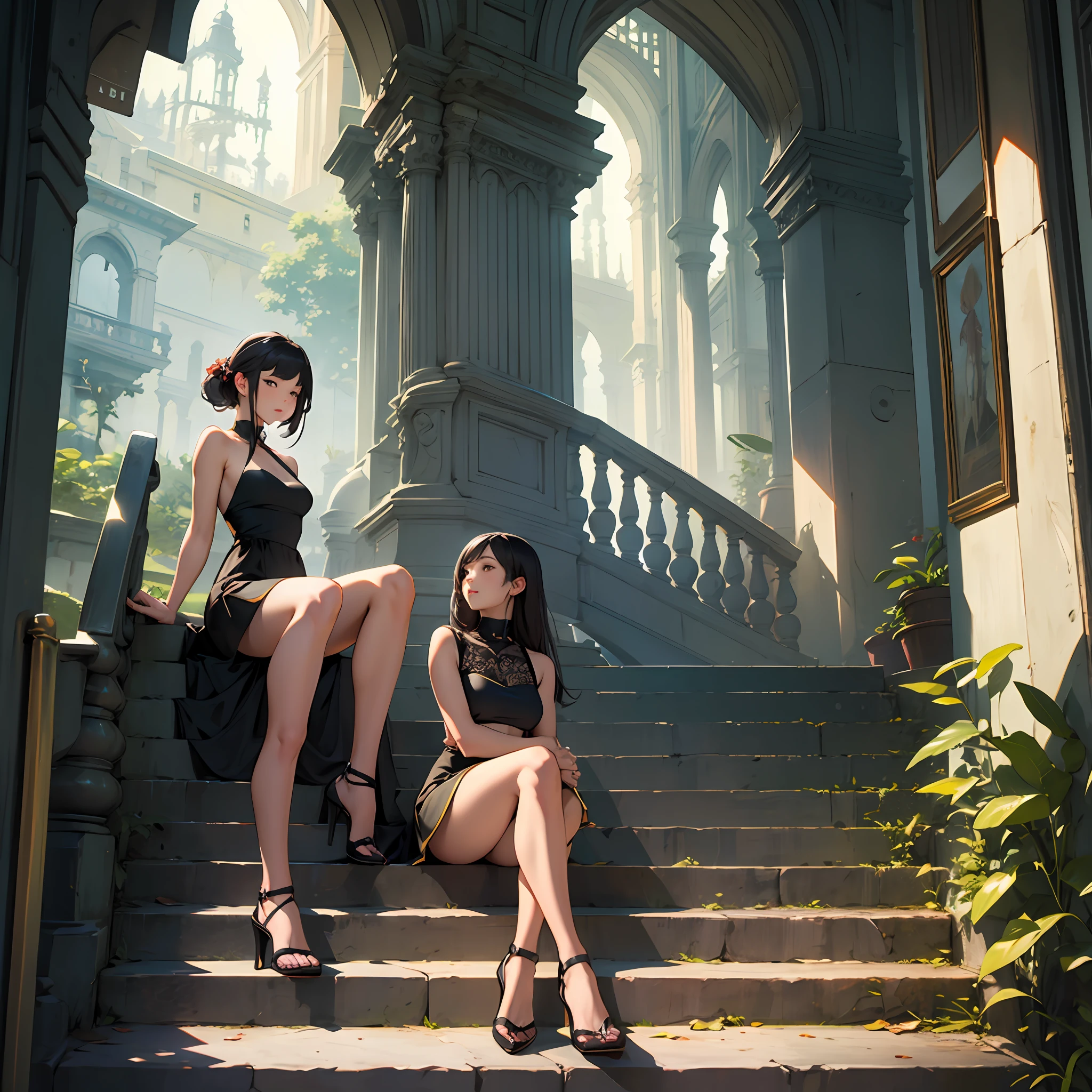Beautiful woman sitting on the stairs、beauty legs、Absolute area