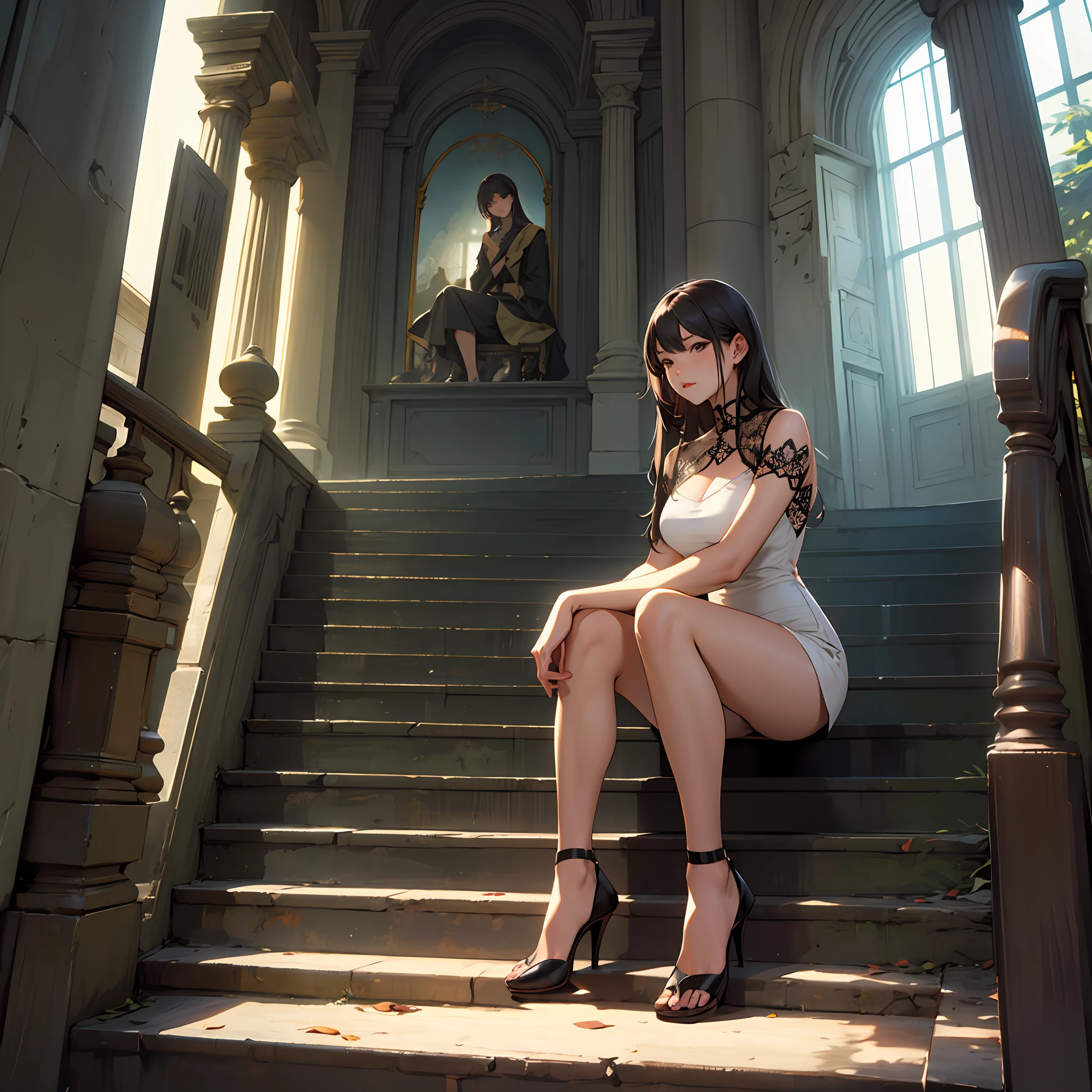 Beautiful woman sitting on the stairs、beauty legs、Absolute Area --auto