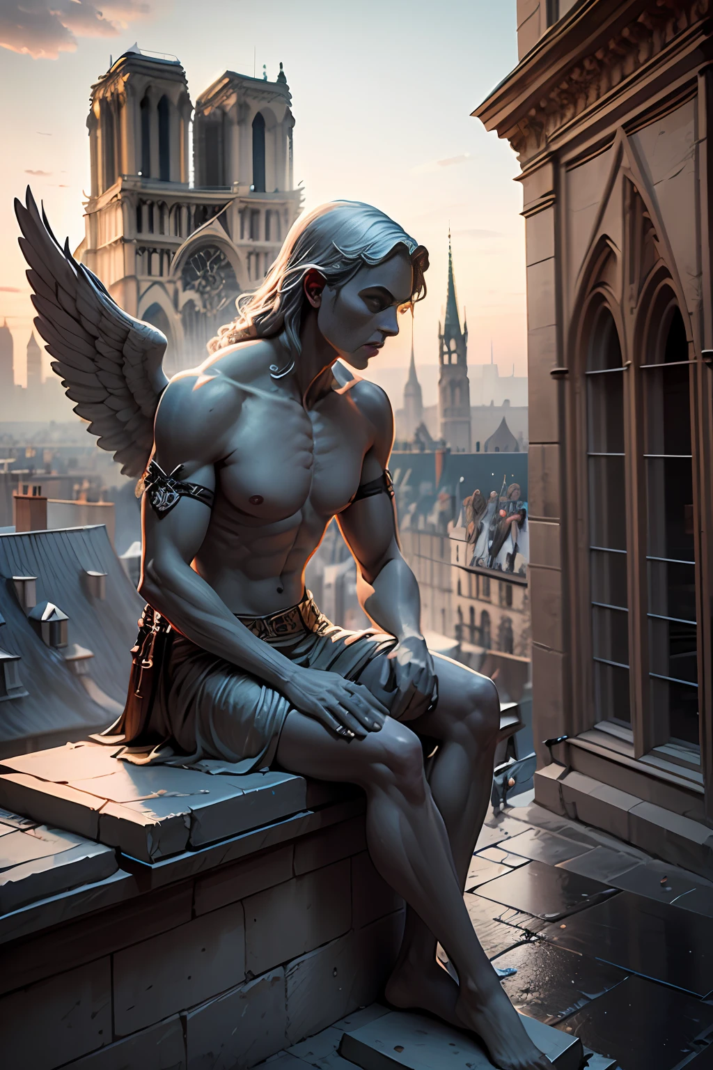 (two figures), (Beautiful Female Angel sitting on the roof of Notre Dame Cathedral and dangles his feet in the air , The angel looks at them sadly,  ) break      next to a (huge statue of a gargoyle)   break     Far below is the street, pavement, Small figures of people walking in the rain,    19th century,      realism, real photo,  masterpiece, best quality, smalldetailed, digital art, 3D, 4k, 8k, hdr,