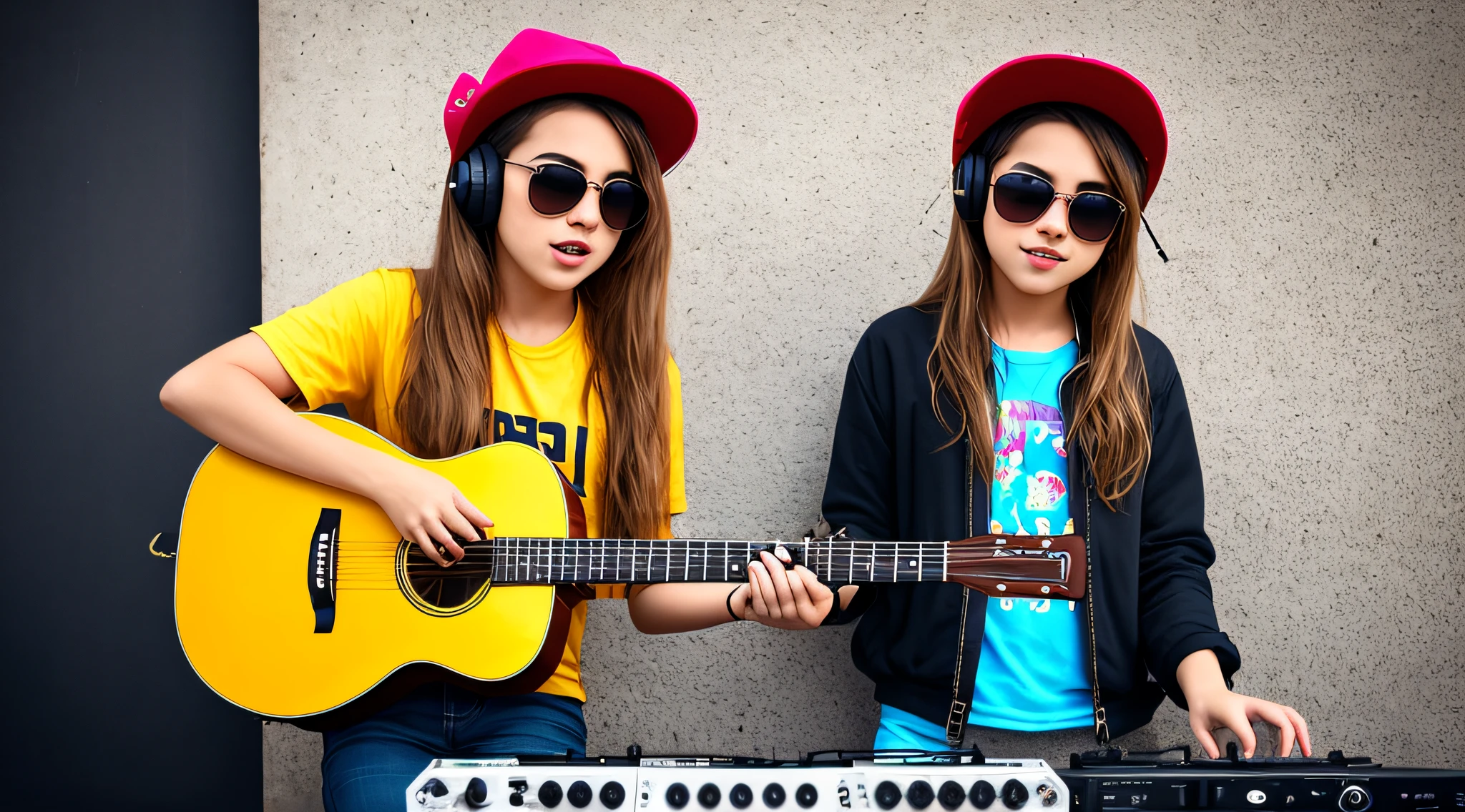 mENINA BLONDE CHILD LONG HAIR WEARING A HAT , Holding a boombox and pointing with your hand, Boombox, The Music Guy, blaster do gueto, em um fundo AMARELO, playing for music, em fundo AMARELO, DJ, imagem de muito baixa qualidade, red sunglasses and a guitar, Grande Gueto Blaster, com fones de ouvido, music is life, new music, vibrating with the music