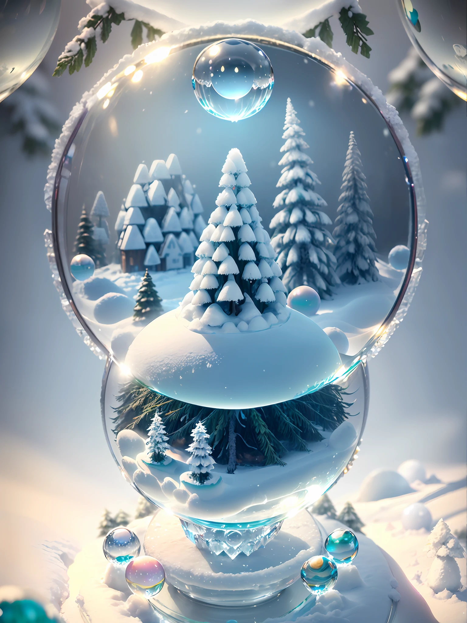 Hyper-realistic、16K High Resolution、(Maximum Sharp Focus:1.3)、(Maximum Close-up:1.5)、(Miniature forest buried in snow trapped in crystal ball with pedestal on table:1.7)、(blue back light:1.5)、(White fog、milkyway、Light shining:1.5)