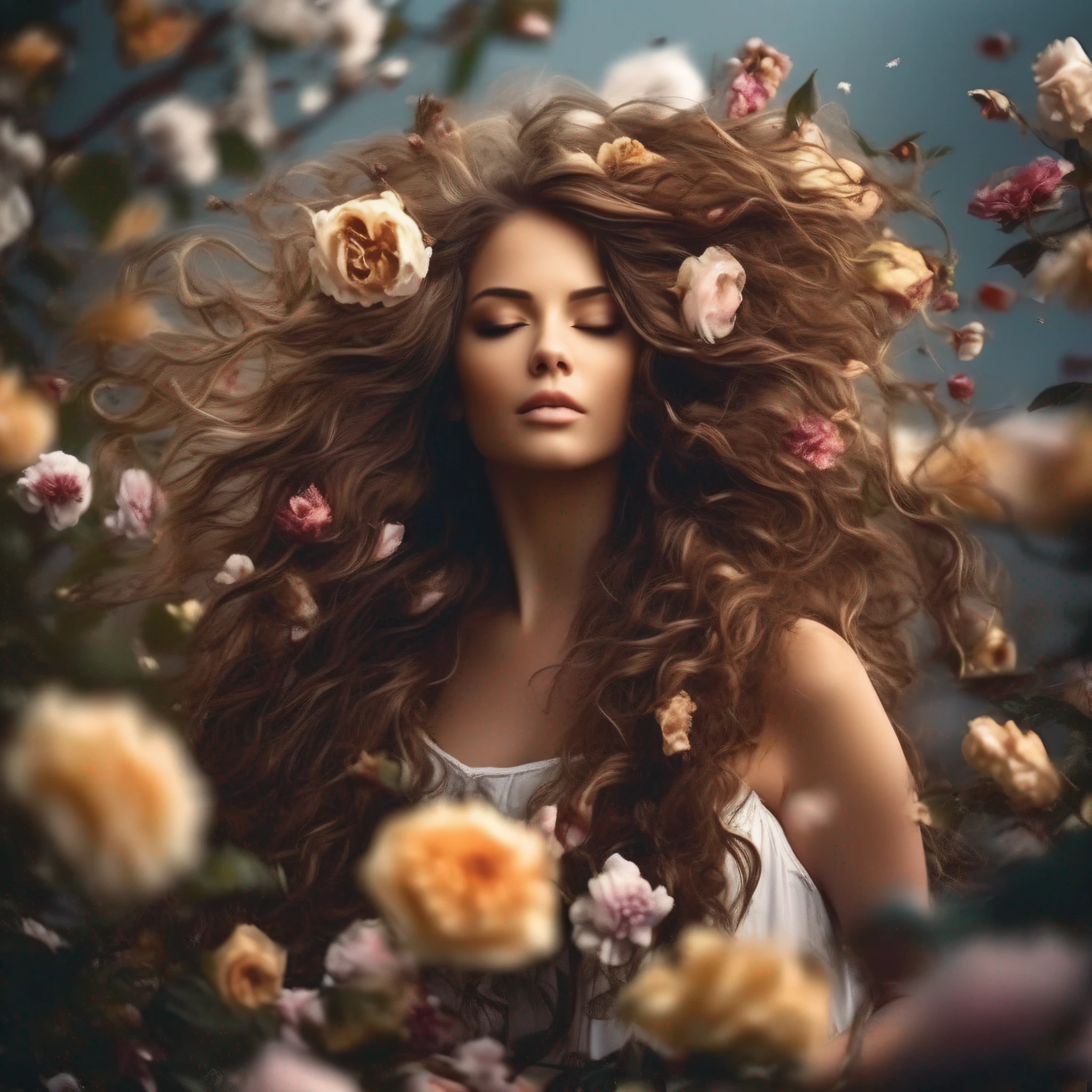 a stream of wind, storm, ruffles the hair of a beautiful girl, beautiful
female model with soft lush curly warm brown long hair, woman with
flowers in her hair posing for a picture, flower storm
portrait, woman in flowers, flowers on hair, flower goddess,
beautiful portrait photo, girl in flowers, roses in her hair, flower in hair,
photo of a beautiful woman, award winning, extremely, high detail digital RAW color photo, beauty portrait, 8k uhd, dslr, soft lighting, high quality, film grain, Fujifilm XT3