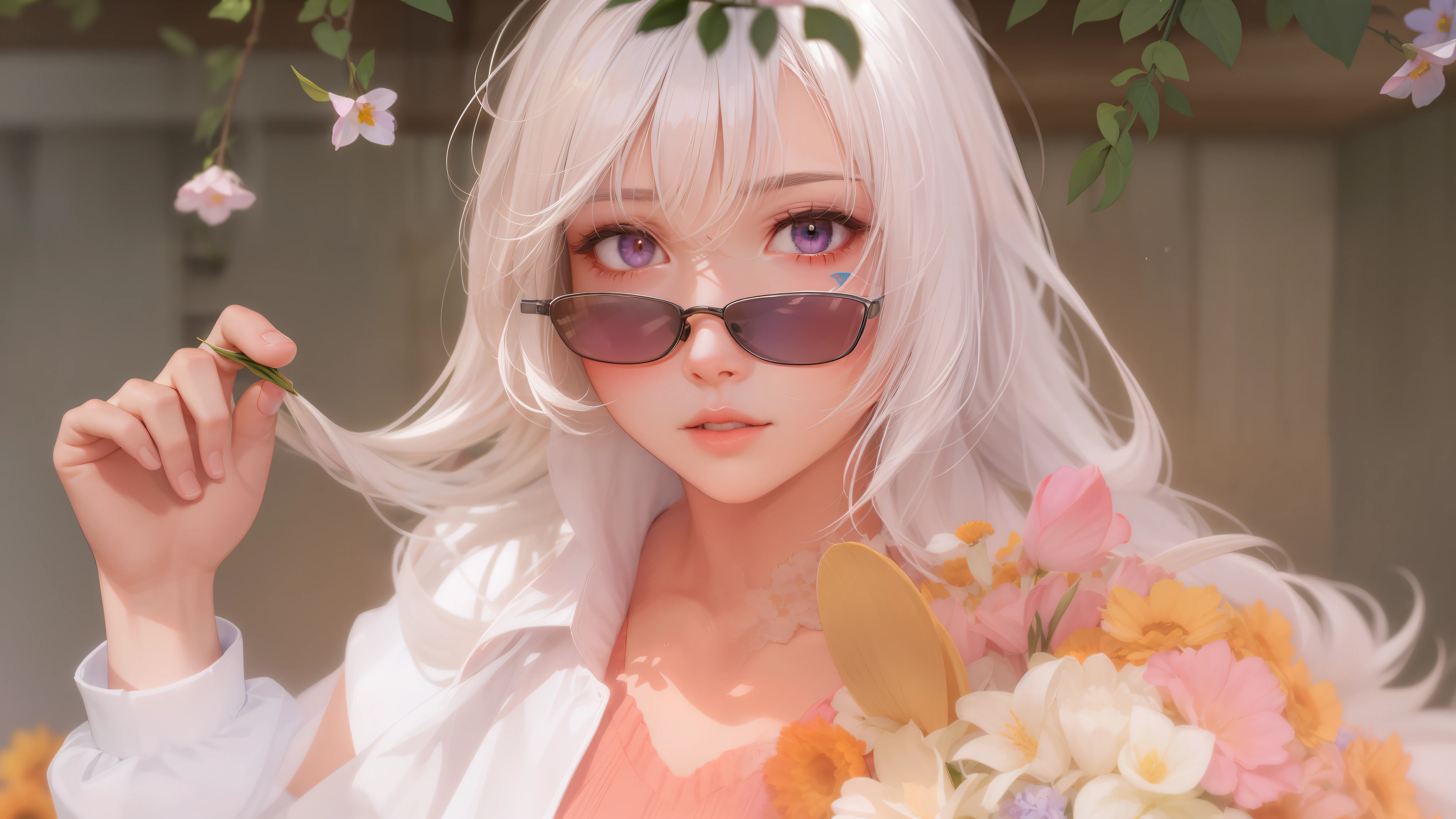 realistic, 1girl, white hair, purple eyes, glowing eyes, crop top, skirt, parted lips, blush, night, flowers, sun, sunlight,