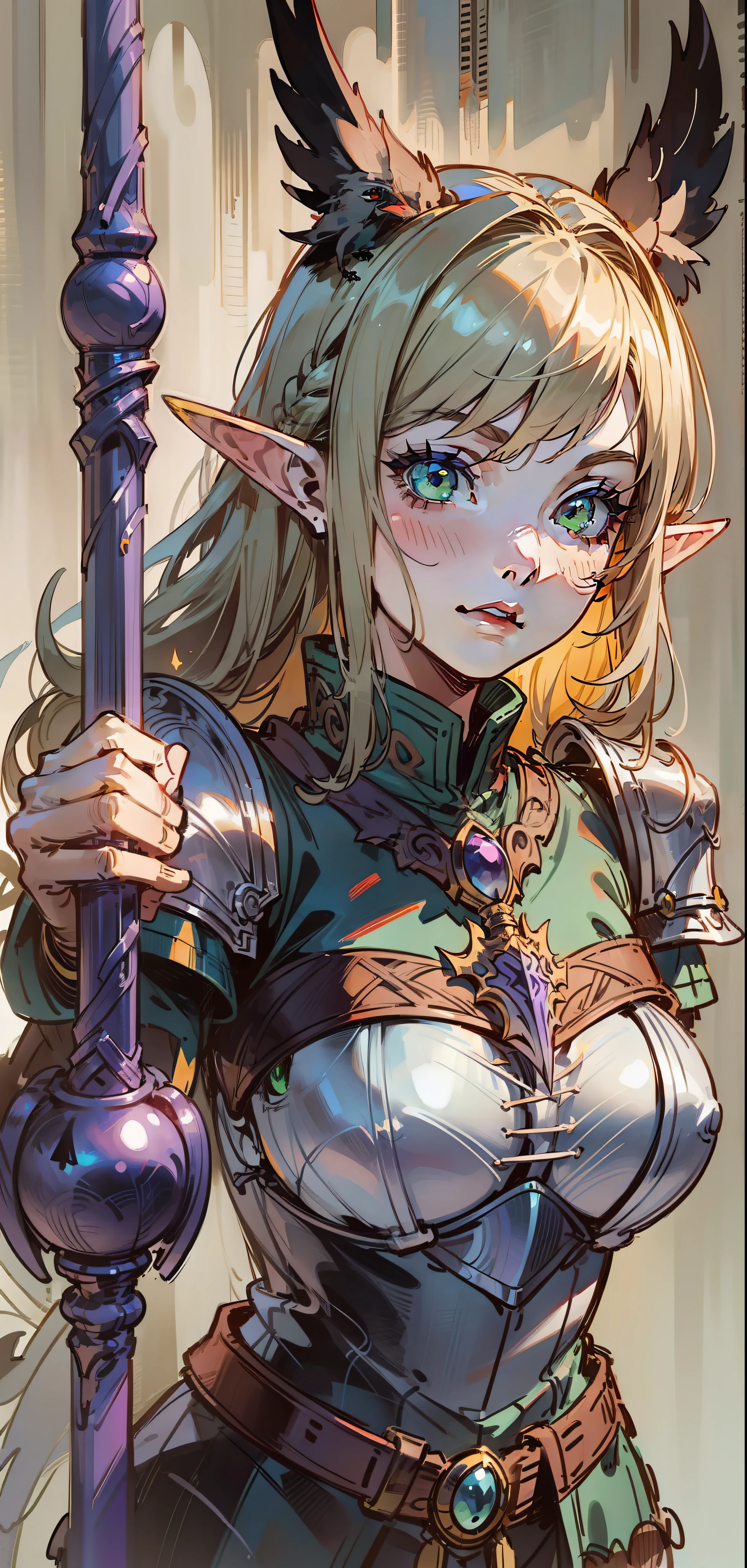 Best quality, masterpiece, ultra high res, (photorealistic:1.4), raw photo, 1girl, offshoulder, in the dark, deep shadow, low key, cold light, green eyes, elf ears, very long hair, bangs, leather fantasy clothes, elf girl, big bust, cute face, full body, medieval , (((full body))), silver details, medieval clothes, detailed face, boots, (((magic staff))), beltt, bracelets, (((shoulder armor))), elegant, (((furr))), (((crow))), braided hair, silver ornaments, (((perfect face))), blonde hair, dungeons and dragons