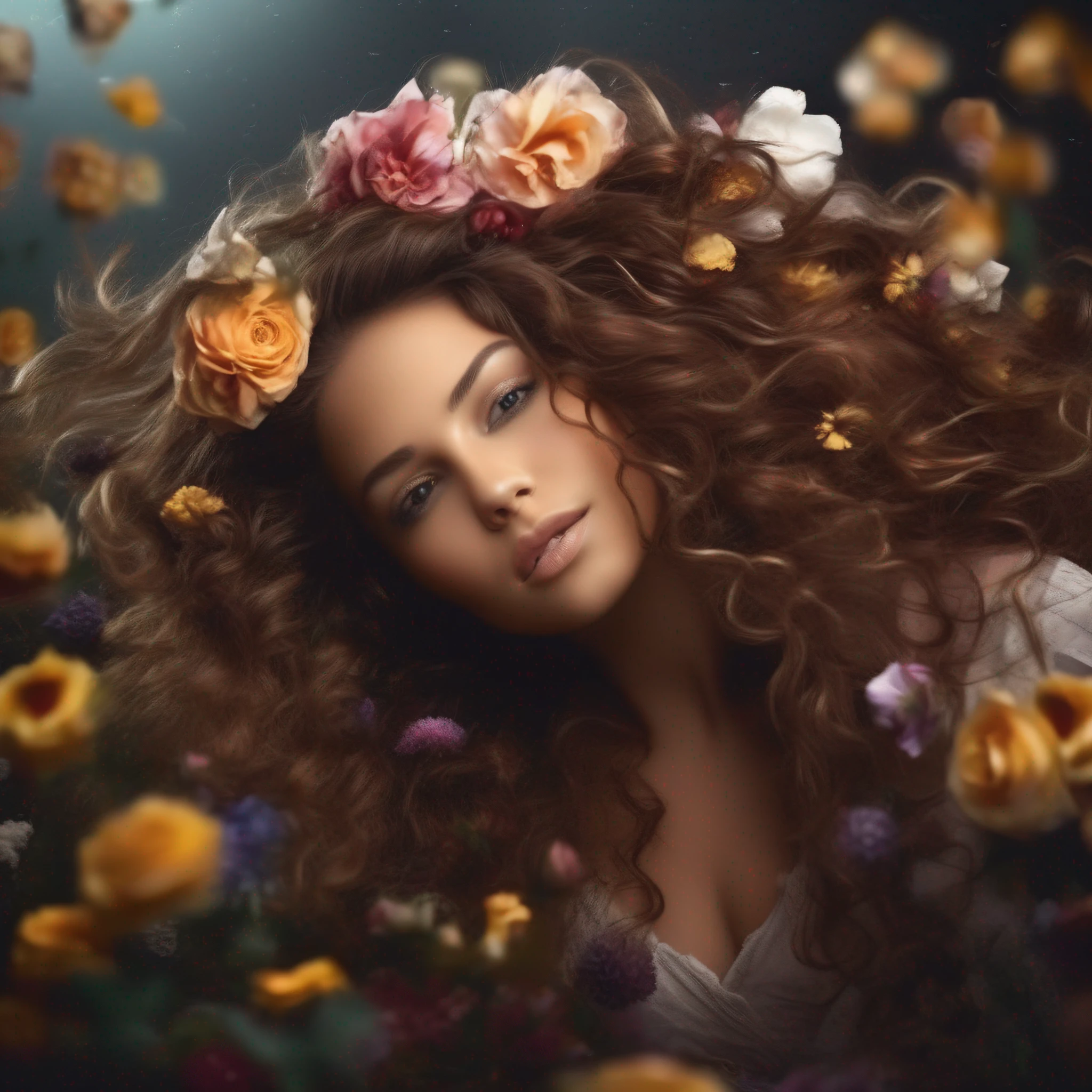 a stream of wind, storm, ruffles the hair of a beautiful girl, beautiful
female model with soft lush curly warm brown long hair, woman with
flowers in her hair posing for a picture, flower storm
portrait, woman in flowers, flowers on hair, flower goddess,
beautiful portrait photo, girl in flowers, roses in her hair, flower in hair,
photo of a beautiful woman, award winning, extremely, high detail digital RAW color photo, beauty portrait, 8k uhd, dslr, soft lighting, high quality, film grain, Fujifilm XT3