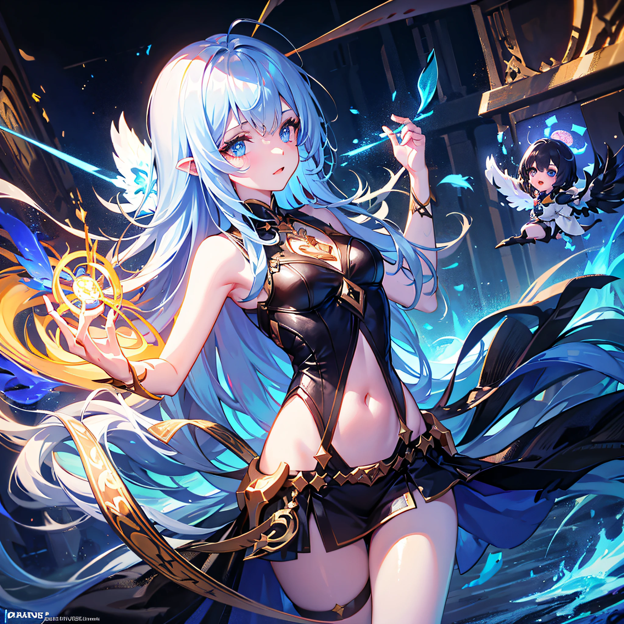 2girls, Fight each other,deathia,middlebreasts,blood,the night,darkly,(fantasy),infinity,Deep blue sky,middlebreasts,The abyss of knowledge,knowledge,((a masterpiece of)),(((need))),((beautiful-detailed eyes)),(yelashes),Ogre,(1female),blue hair,length hair,Abyss Eye,Shiny skin,oiled,tiny chest,(Bird body,feather hair),Rags,Treacherous,little pixys,Ultra-fine CG unity 8k wallpaper,a masterpiece of,((hyper detailled)),((illustration)),Dazzle,Wallpapers,energy,Unknown horror,Arcane,Magic perimeter,Magic surrounds,Magic wand,Pages,Flying in the sky,Know it,Predicting the future,Learn about the past,Infinite wisdom,Blue flame,Warlock,Magic Array,Five-pointed Star,incantation,mantra,Sing magic,Asian Dragon