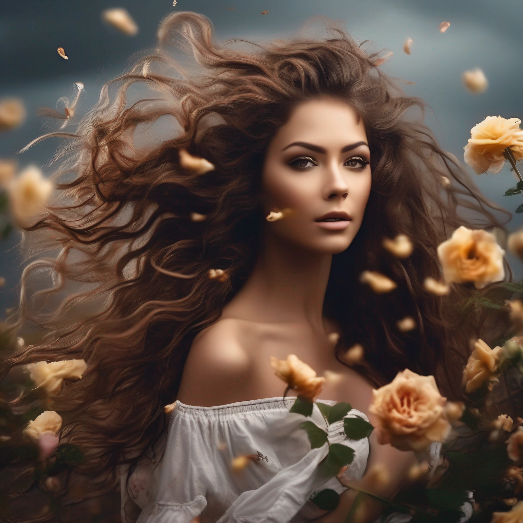 a stream of wind, storm, ruffles the hair of a beautiful girl, beautiful
female model with soft lush curly warm brown long hair, woman with
flowers in her hair posing for a picture, flower storm
portrait, woman in flowers, flowers on hair, flower goddess,
beautiful portrait photo, girl in flowers, roses in her hair, flower in hair,
photo of a beautiful woman, award winning, extremely, high detail digital RAW color photo, beauty portrait, 8k uhd, dslr, soft lighting, high quality, film grain, Fujifilm XT3