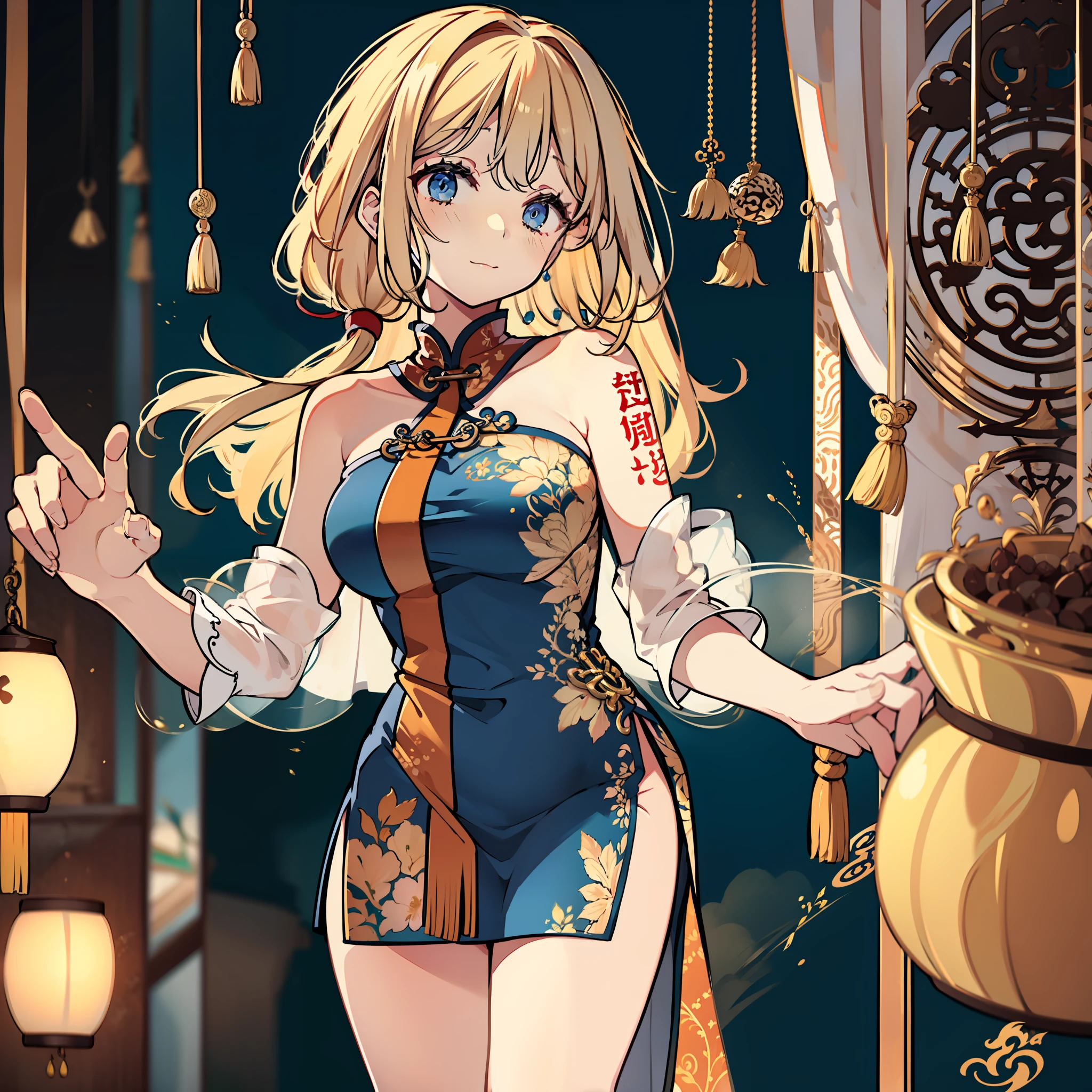 masute piece, Fine detail, 4K, 8K, 12K, Solo, One person, Beautiful Girl, caucasian female, Alice Margatroid of the Eastern Project、mideum breasts、chinese clothes, Chinese dress, Chinatown