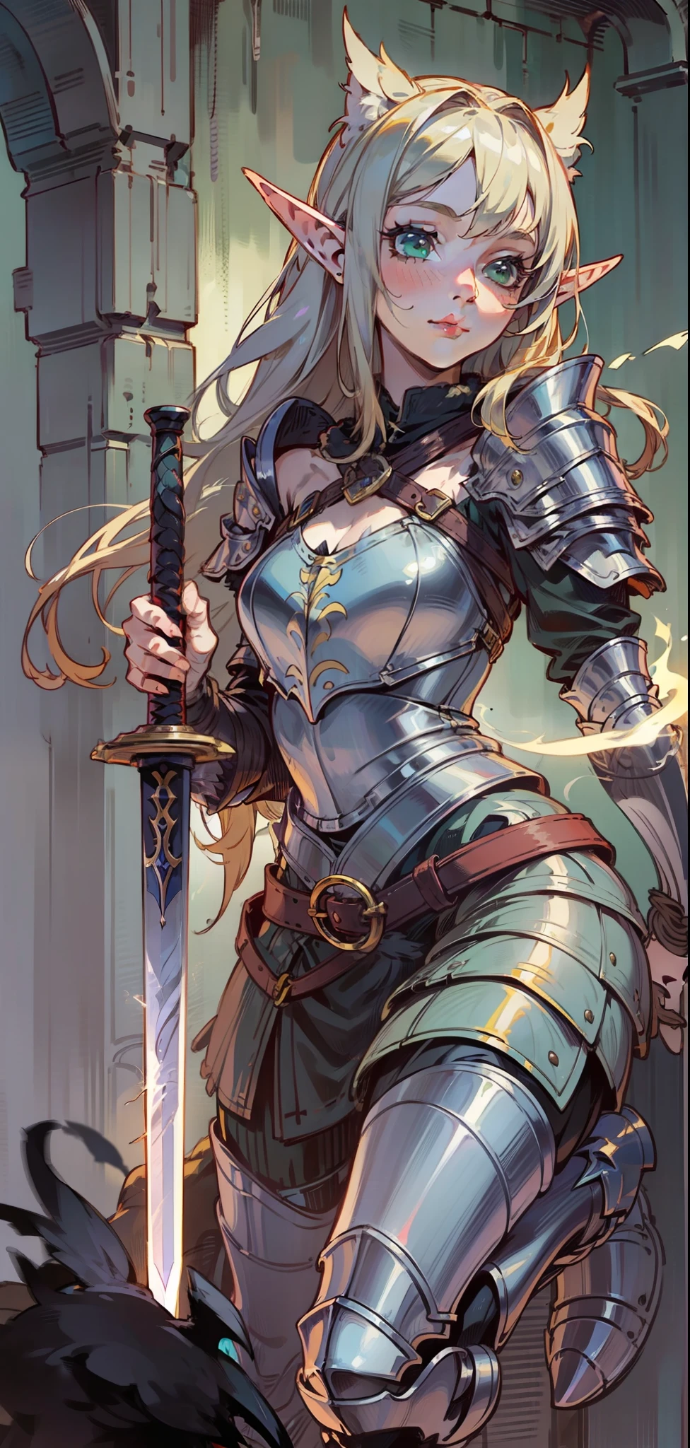 Best quality, masterpiece, ultra high res, (photorealistic:1.4), raw photo, 1girl, offshoulder, in the dark, deep shadow, low key, cold light, green eyes, elf ears, very long hair, bangs, leather fantasy clothes, elf girl, big bust, cute face, full body, medieval , (((full body))), silver details, medieval clothes, detailed face, boots, (((magic sword))), shield, belt, bracelets, (((shoulder armor))), elegant, (((furr))), (((crow))), braided hair, silver ornaments, (((perfect face))), blonde hair, masterpiece