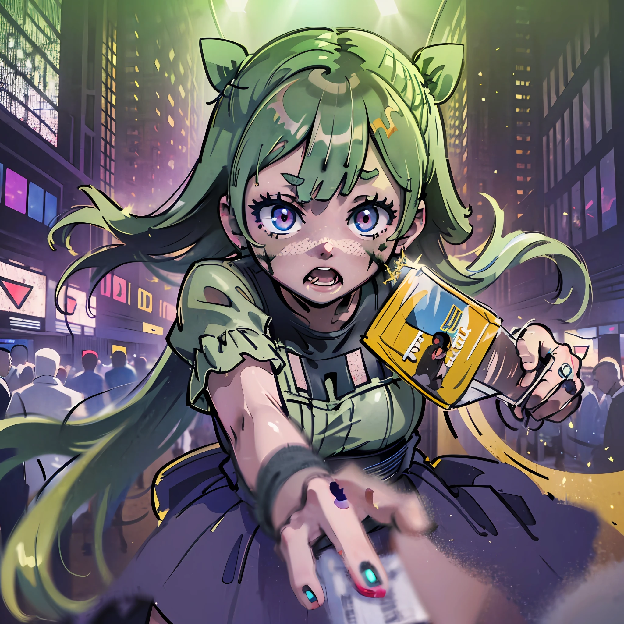 (award winning 8k concept art:1.3) of (three young woman attacking the viewer, open mouth, many zombies, crowd:1.3), extremely detailed background, biting, giant zombie chibi in the background, darkness, flash, close to camera, sweet, front, epic, (masterpiece:1.4), (best quality:1.4), Amazing, beautiful, finely detailed, (Depth of field:1.4), 8k, fine art, stunning, (light reflections:1), (crisp:1.6), red twin tails, vibrant, (edge detection:1.4), absurdres, impressive, 120mm, clear, lens flare, wide shot, wide angle, colorful, scenery