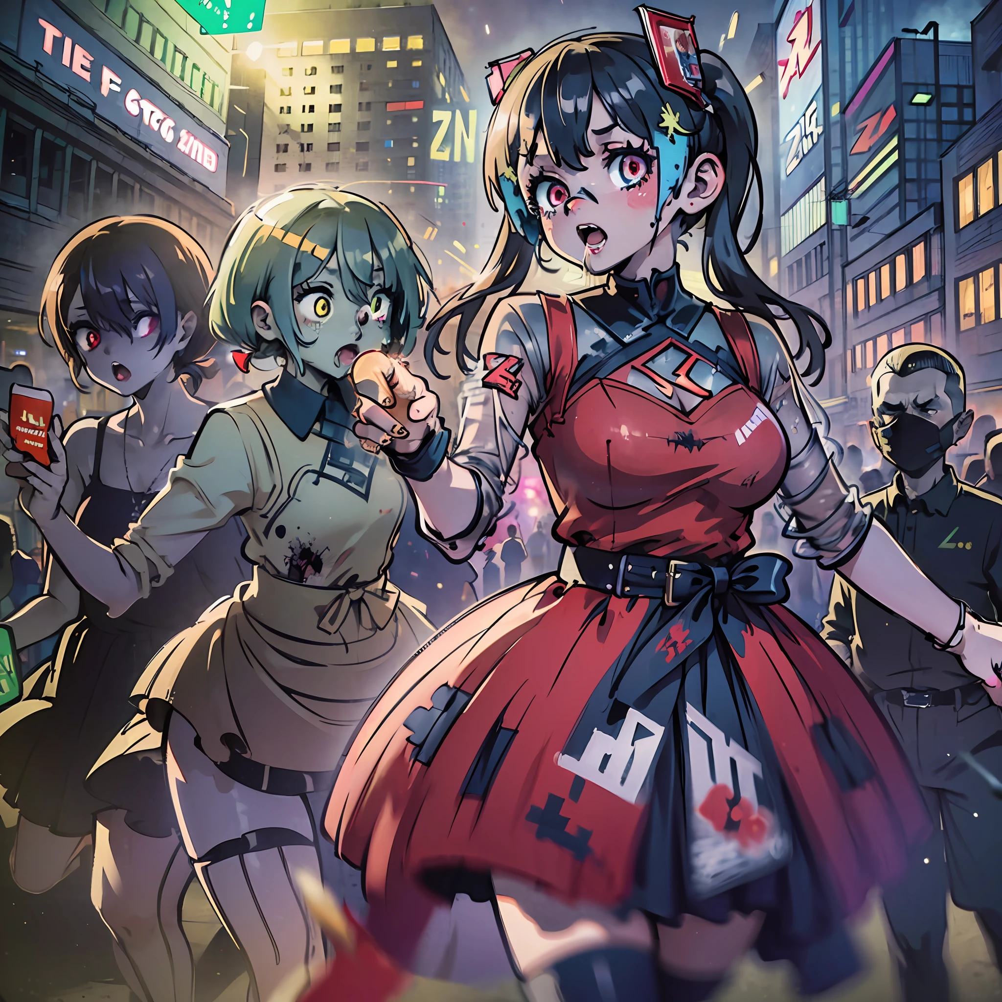 (award winning 8k concept art:1.3) of (three young woman attacking the viewer, open mouth, many zombies, crowd:1.3), extremely detailed background, biting, giant zombie chibi in the background, darkness, flash, close to camera, sweet, front, epic, (masterpiece:1.4), (best quality:1.4), Amazing, beautiful, finely detailed, (Depth of field:1.4), 8k, fine art, stunning, (light reflections:1), (crisp:1.6), red twin tails, vibrant, (edge detection:1.4), absurdres, impressive, 120mm, clear, lens flare, wide shot, wide angle, colorful, scenery