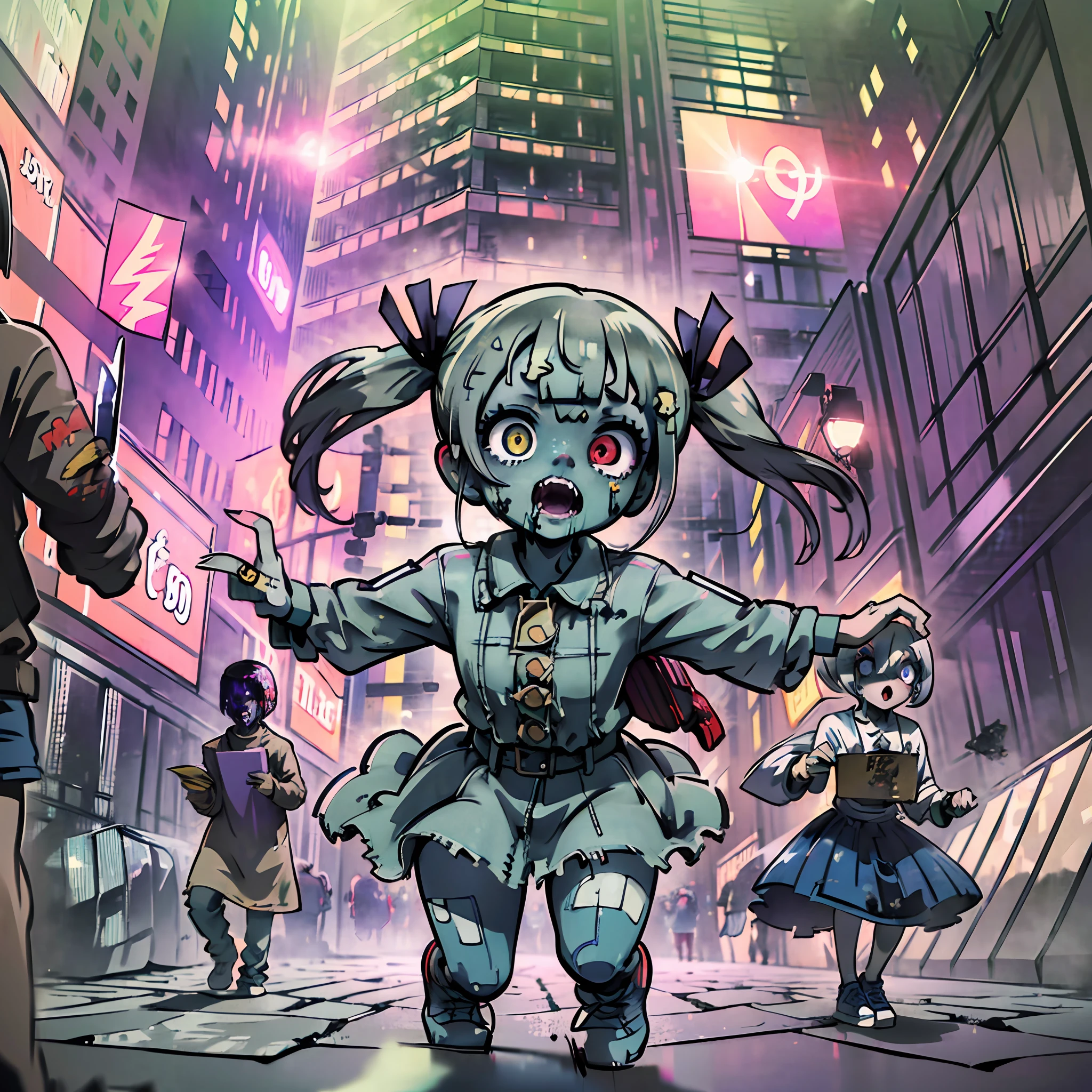 (award winning 8k concept art:1.3) of (three young woman attacking the viewer, open mouth, many zombies, crowd:1.3), extremely detailed background, biting, giant zombie chibi in the background, darkness, flash, close to camera, sweet, front, epic, (masterpiece:1.4), (best quality:1.4), Amazing, beautiful, finely detailed, (Depth of field:1.4), 8k, fine art, stunning, (light reflections:1), (crisp:1.6), red twin tails, vibrant, (edge detection:1.4), absurdres, impressive, 120mm, clear, lens flare, wide shot, wide angle, colorful, scenery